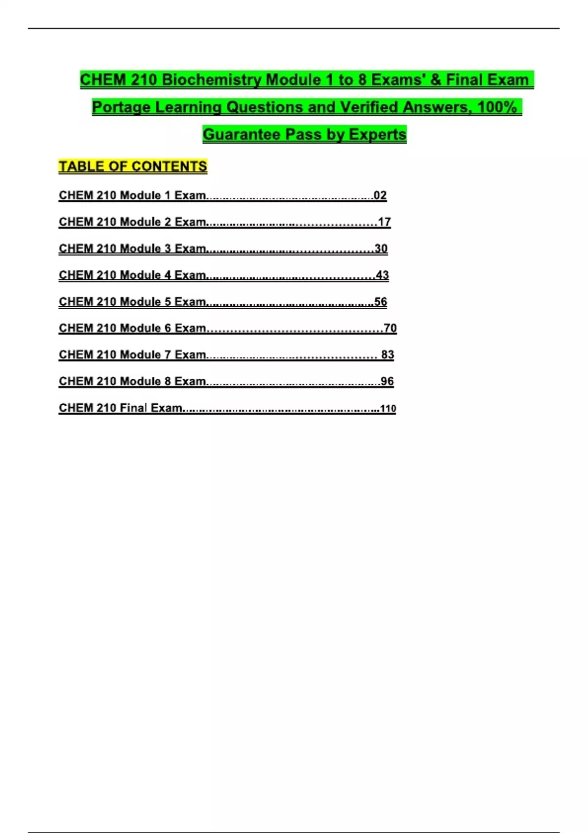 CHEM 210 Biochemistry Module 1 to 8 Exams' & Final Exam 2026 Portage ...