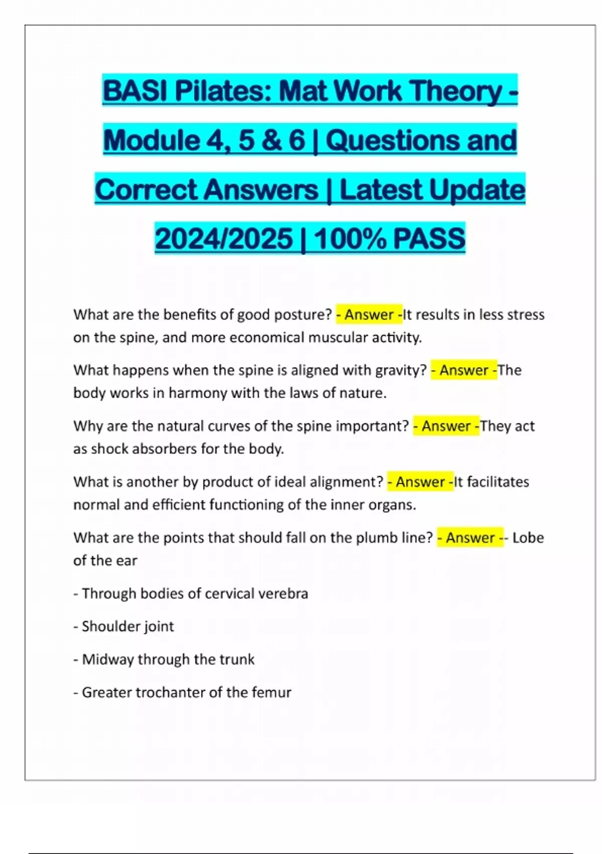 BASI Pilates: Mat Work Theory - Module 4, 5 & 6 | Questions and Correct ...