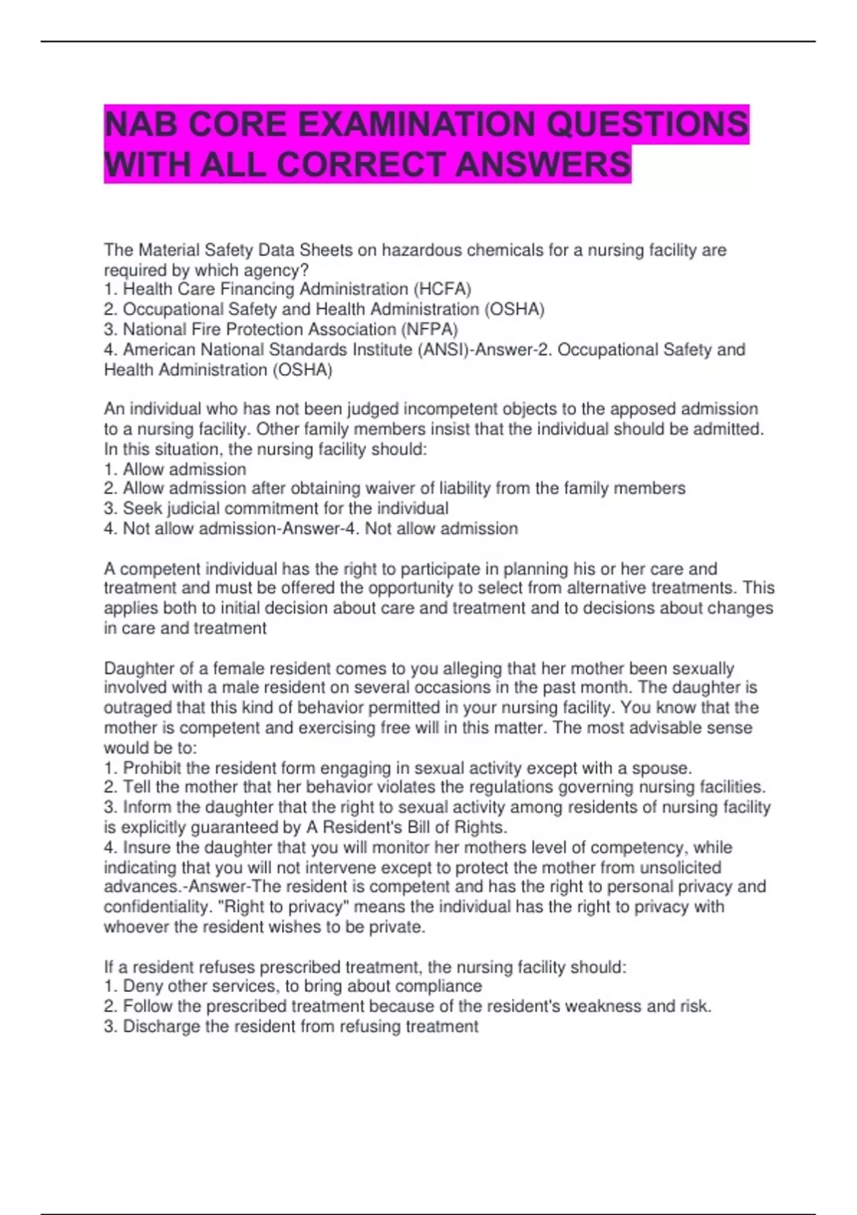 Nab Comprehension NAB CORE EXAMINATION QUESTIONS WITH ALL CORRECT ANSWERS - NAB CORE ...
