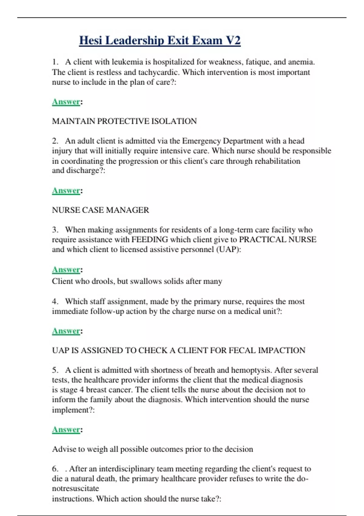 HESI LEADERSHIP EXIT EXAM V2 2024/2025 | QUESTIONS WITH 100% VERIFIED ...