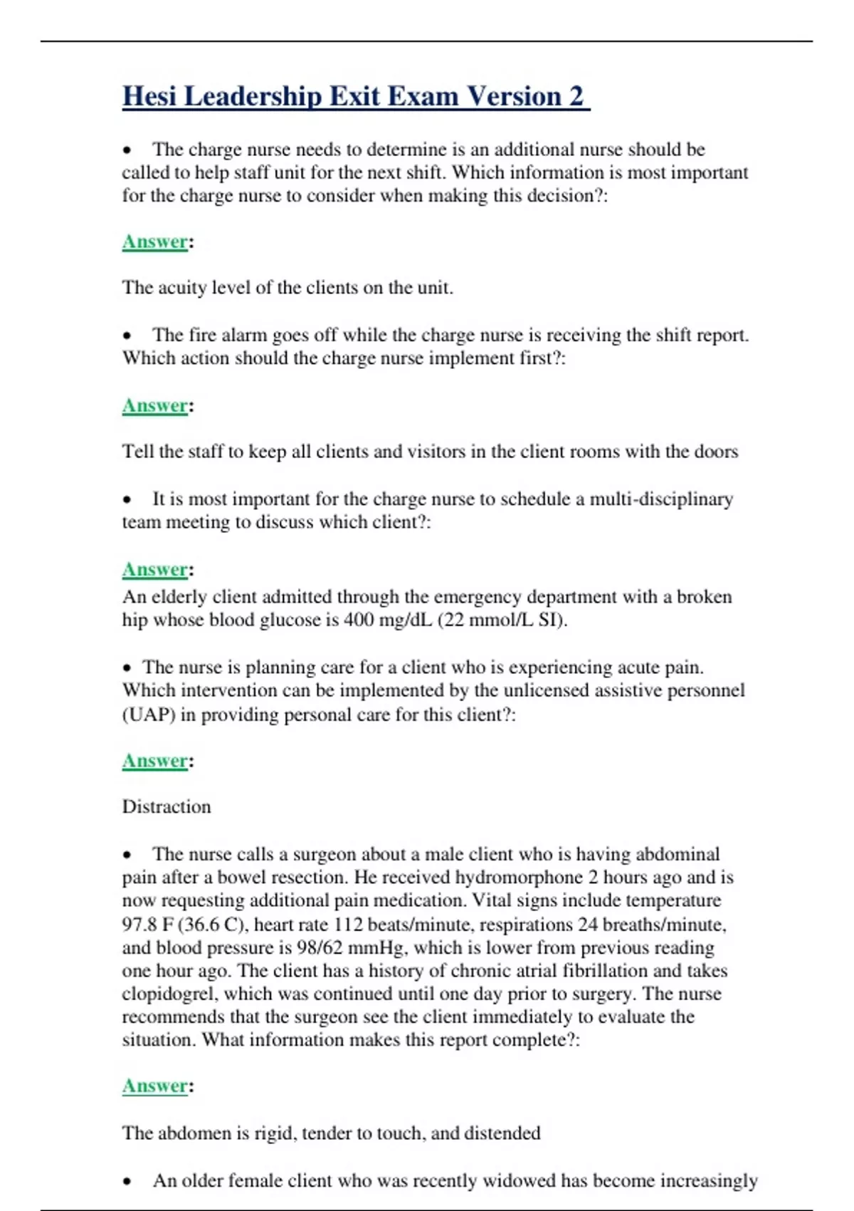 HESI LEADERSHIP EXIT EXAM VERSION 2 2024/2025 | QUESTIONS WITH 100% ...