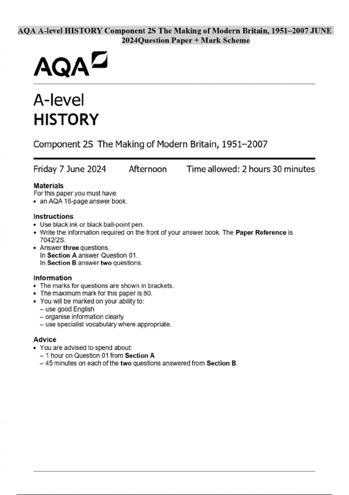 AQA A-level HISTORY Component 2S The Making of Modern Britain, 1951 ...