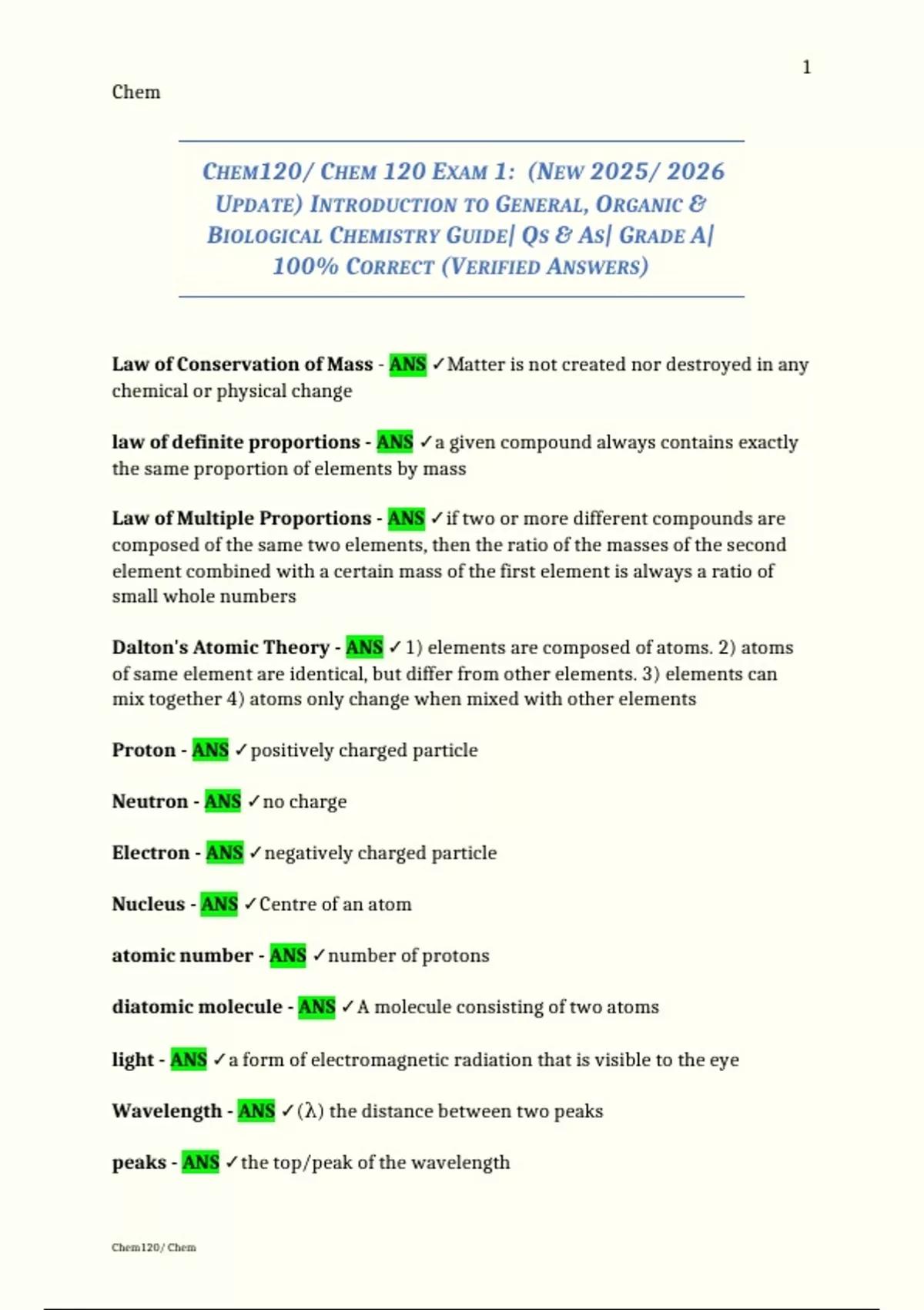 CHEM120/ CHEM 120 EXAM 1: (NEW 2025/ 2026 UPDATE) INTRODUCTION TO ...