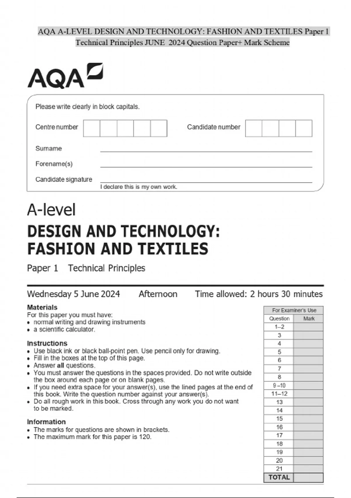 AQA A-LEVEL DESIGN AND TECHNOLOGY: FASHION AND TEXTILES Paper 1 ...