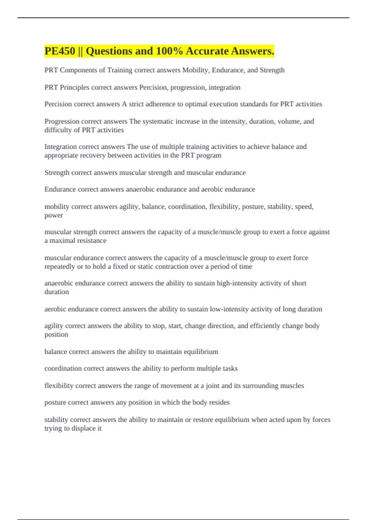 Prt Components PE450 || Questions and 100% Accurate Answers. - PE450 - Stuvia US