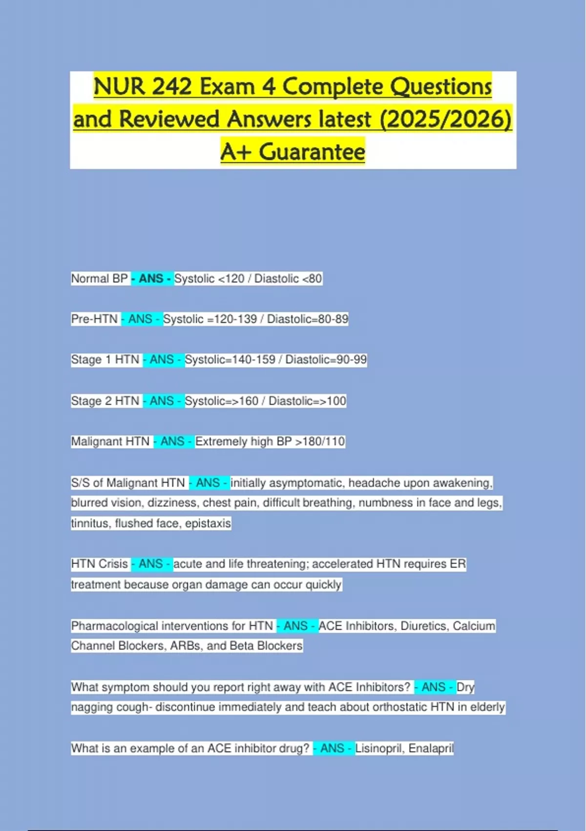 NUR 242 Exam 4 Complete Questions and Reviewed Answers latest (2025/ ...