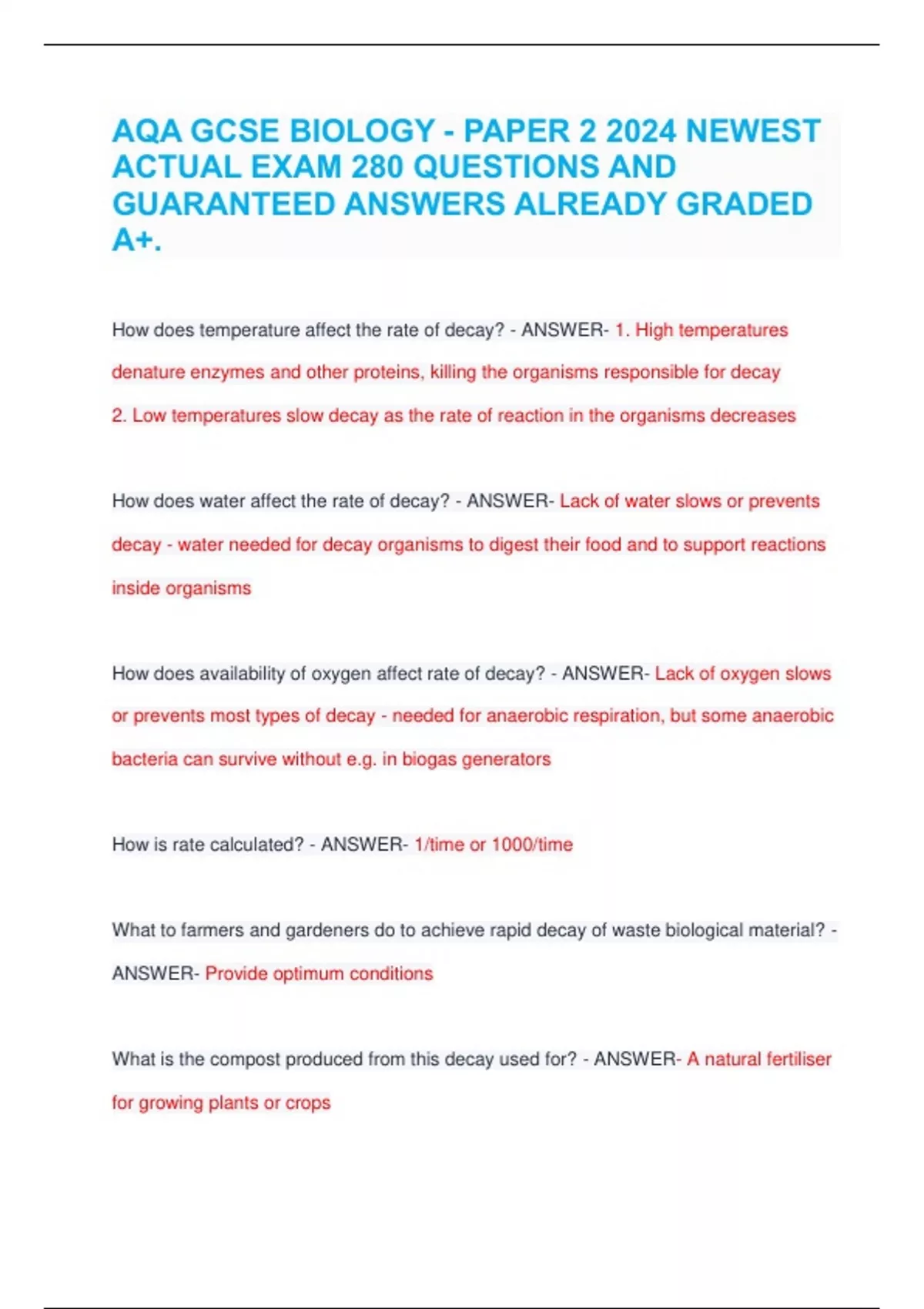AQA GCSE BIOLOGY - PAPER 2 2024 NEWEST ACTUAL EXAM 280 QUESTIONS AND ...