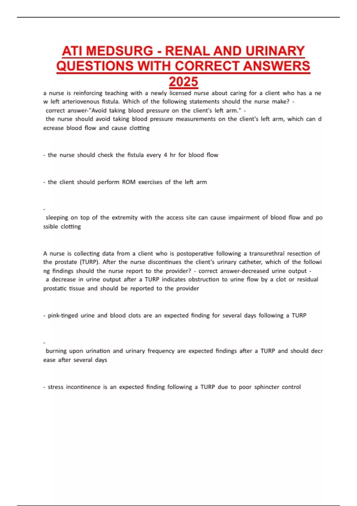 ATI MEDSURG - RENAL AND URINARY QUESTIONS WITH CORRECT ANSWERS 2025 ...