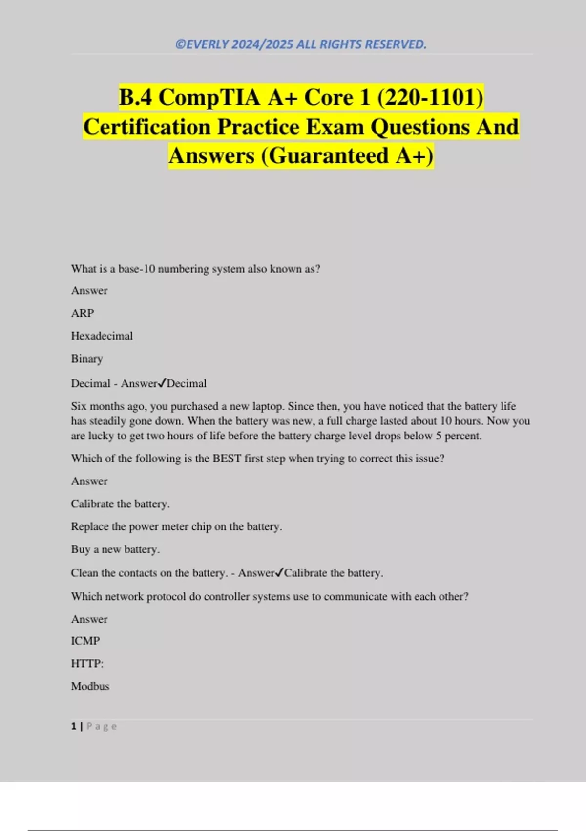 B.4 CompTIA A+ Core 1 (220-1101) Certification Practice Exam Questions ...