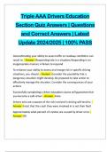 Triple AAA Drivers Education Section Quiz Answers &vert; Questions and Correct Answers &vert; Latest Update 2024&sol;2025 &vert; 100&percnt; PASS