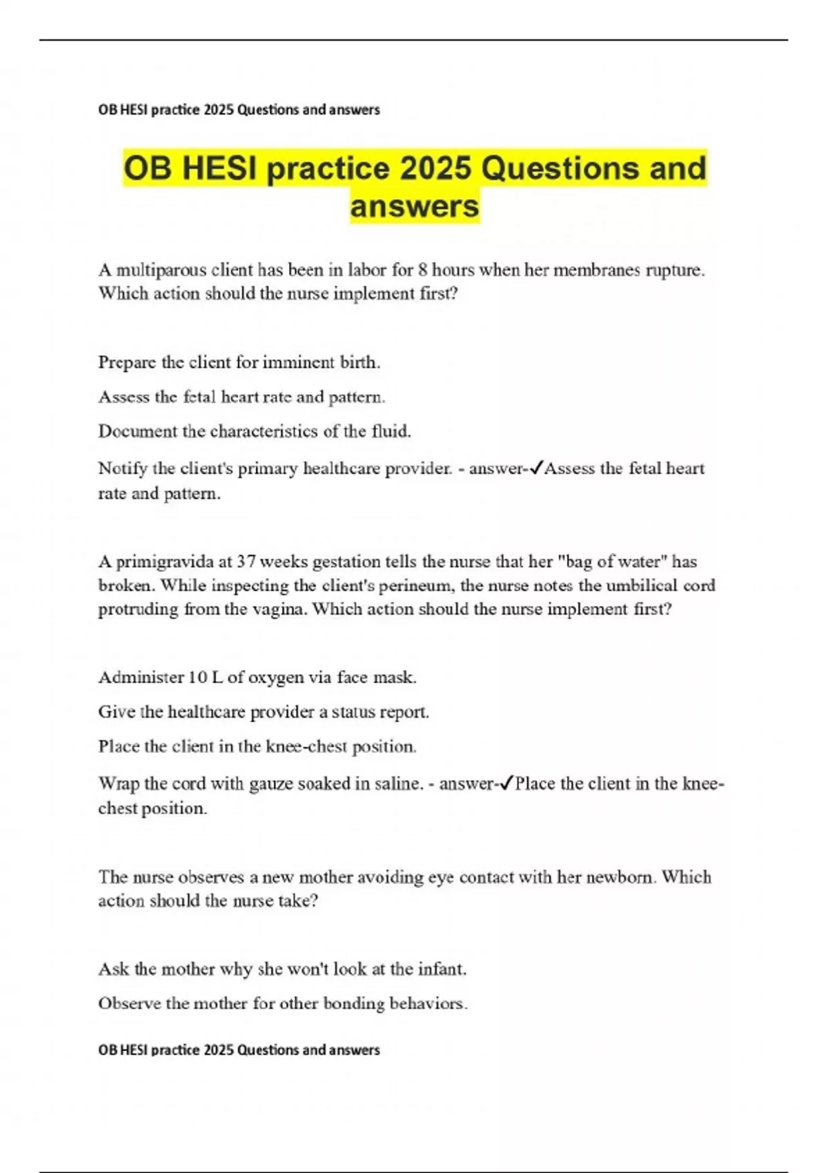OB HESI practice 2025 Questions and answers - OB HESI - Stuvia US