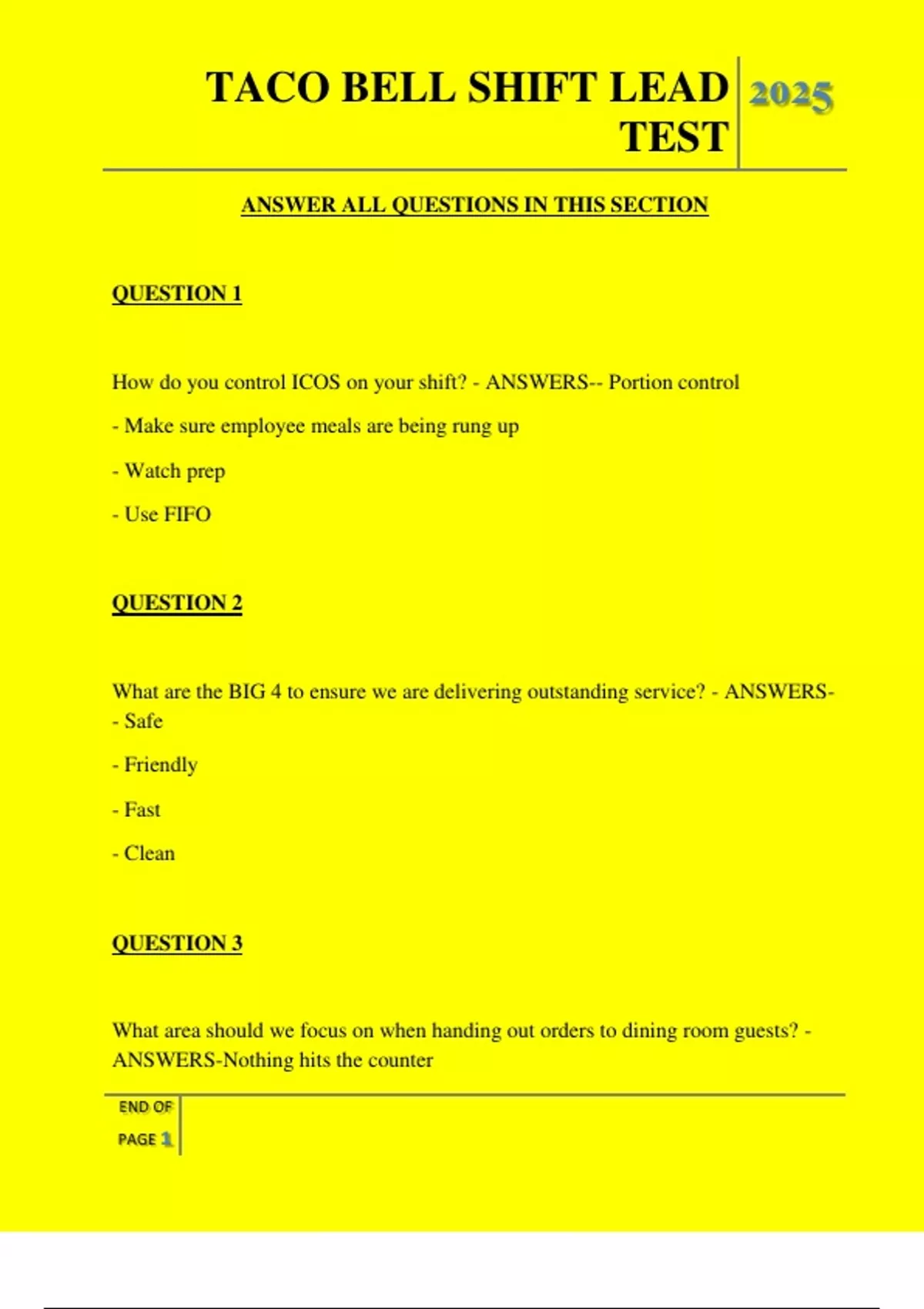 TACO BELL SHIFT LEAD TEST QUESTIONS AND ANSWERS 2025 - TACO BELL SHIFT ...