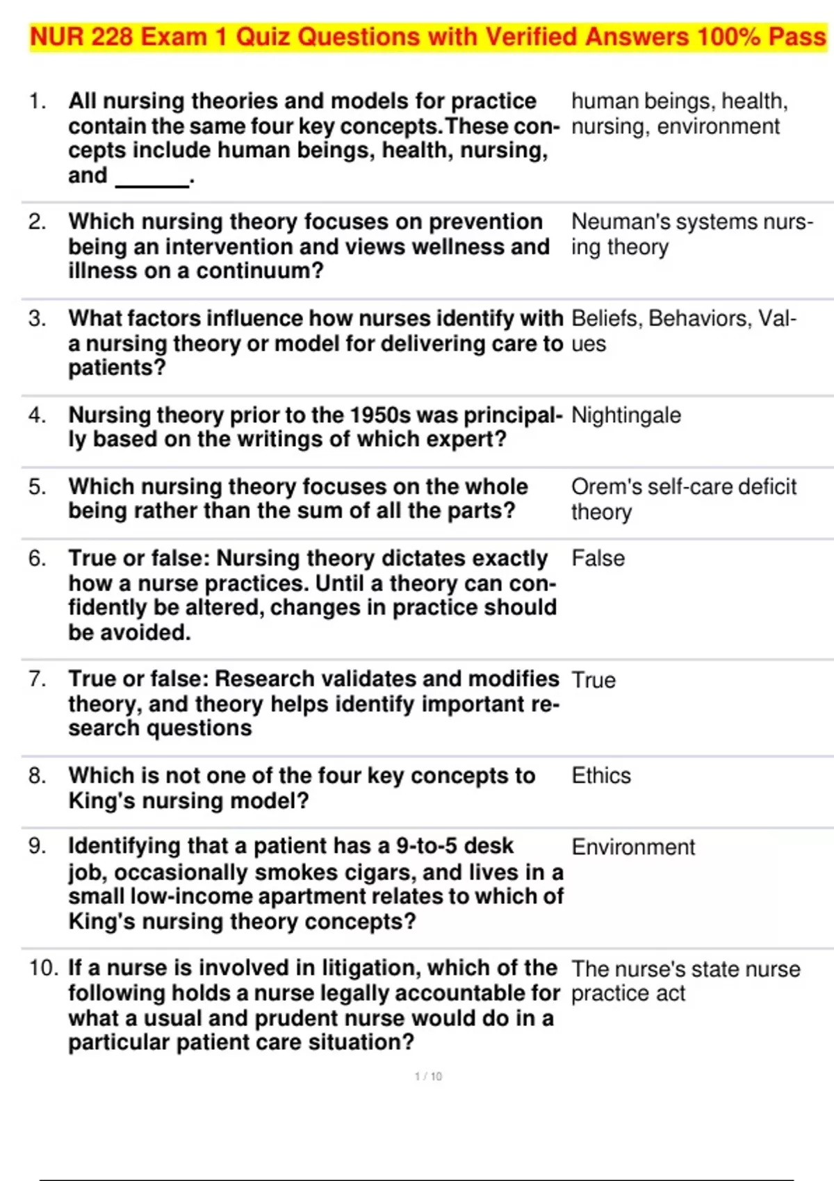 NUR 228 Exam 1 Quiz Questions with Verified Answers 100% Pass - NUR 228 ...