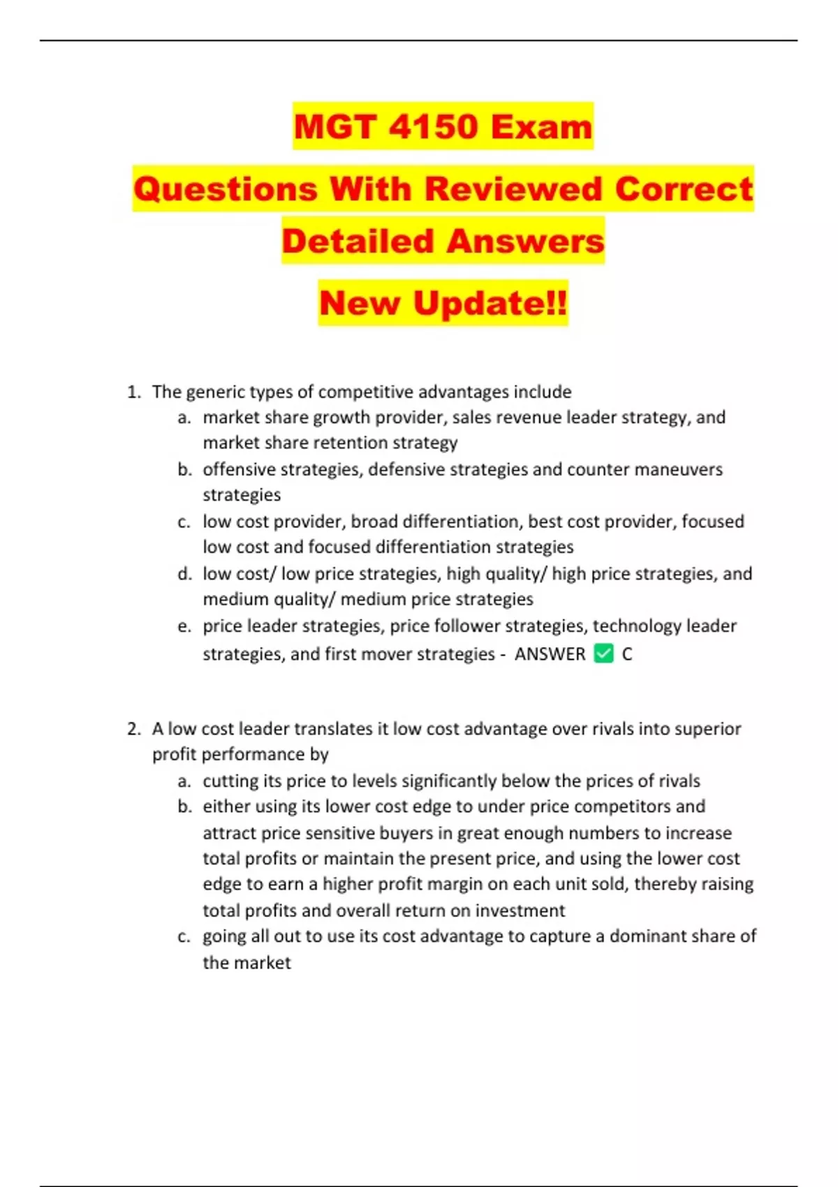MGT 4150 Exam Questions With Reviewed Correct Detailed Answers New ...