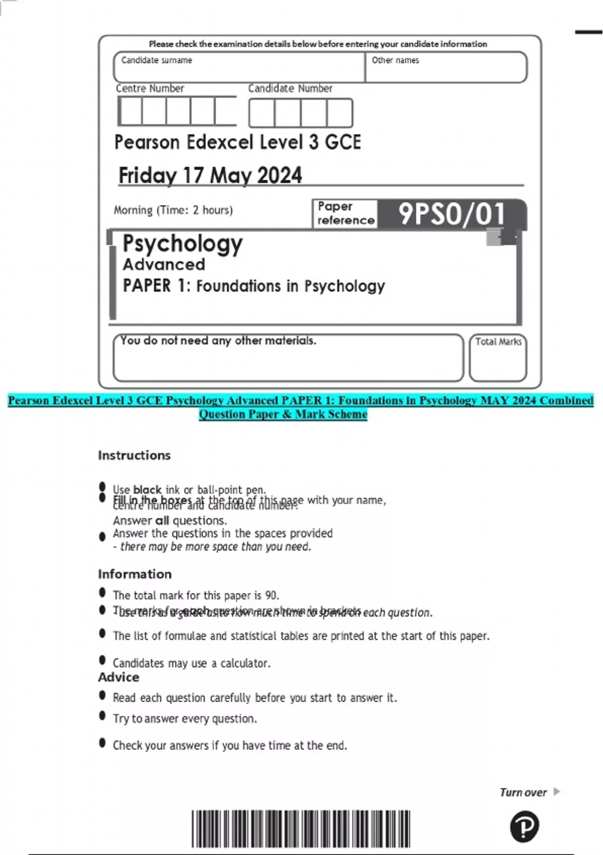 Pearson Edexcel Level 3 GCE Psychology Advanced PAPER 1: Foundations in ...