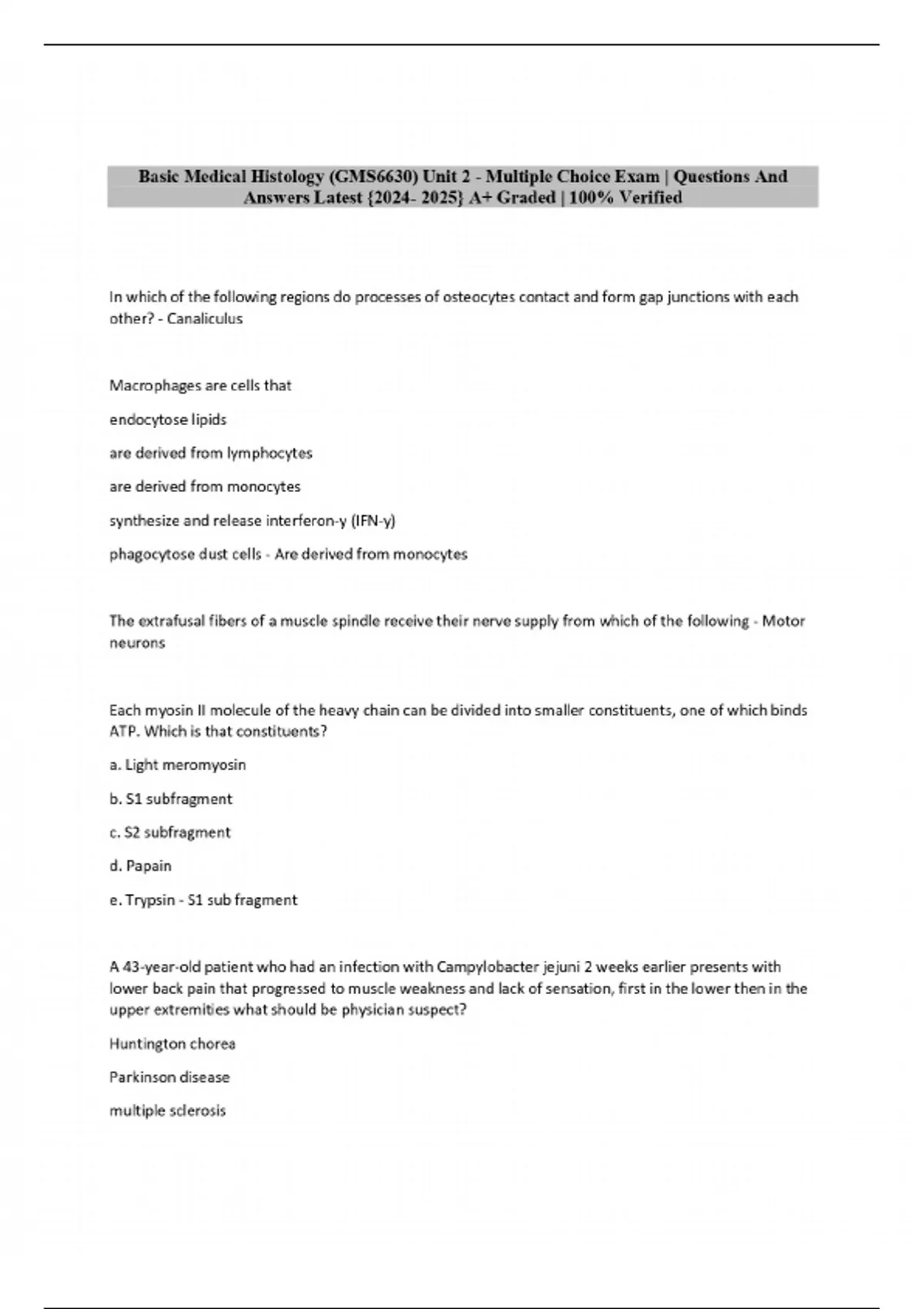 Basic Medical Questions Basic Medical Histology (GMS6630) Unit 2 - Multiple Choice Exam ...
