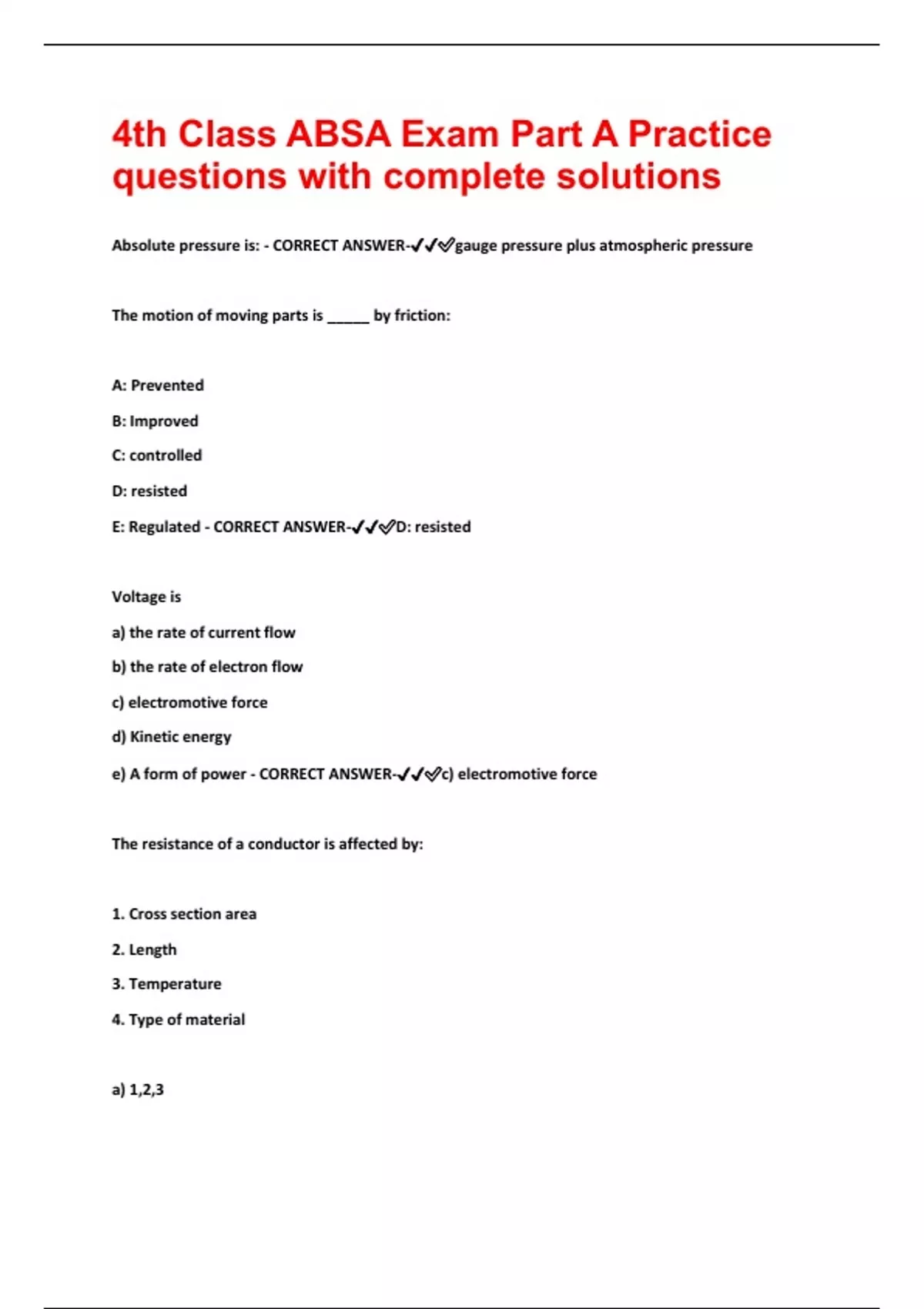 4th Class ABSA Exam Part A Practice questions with complete solutions ...