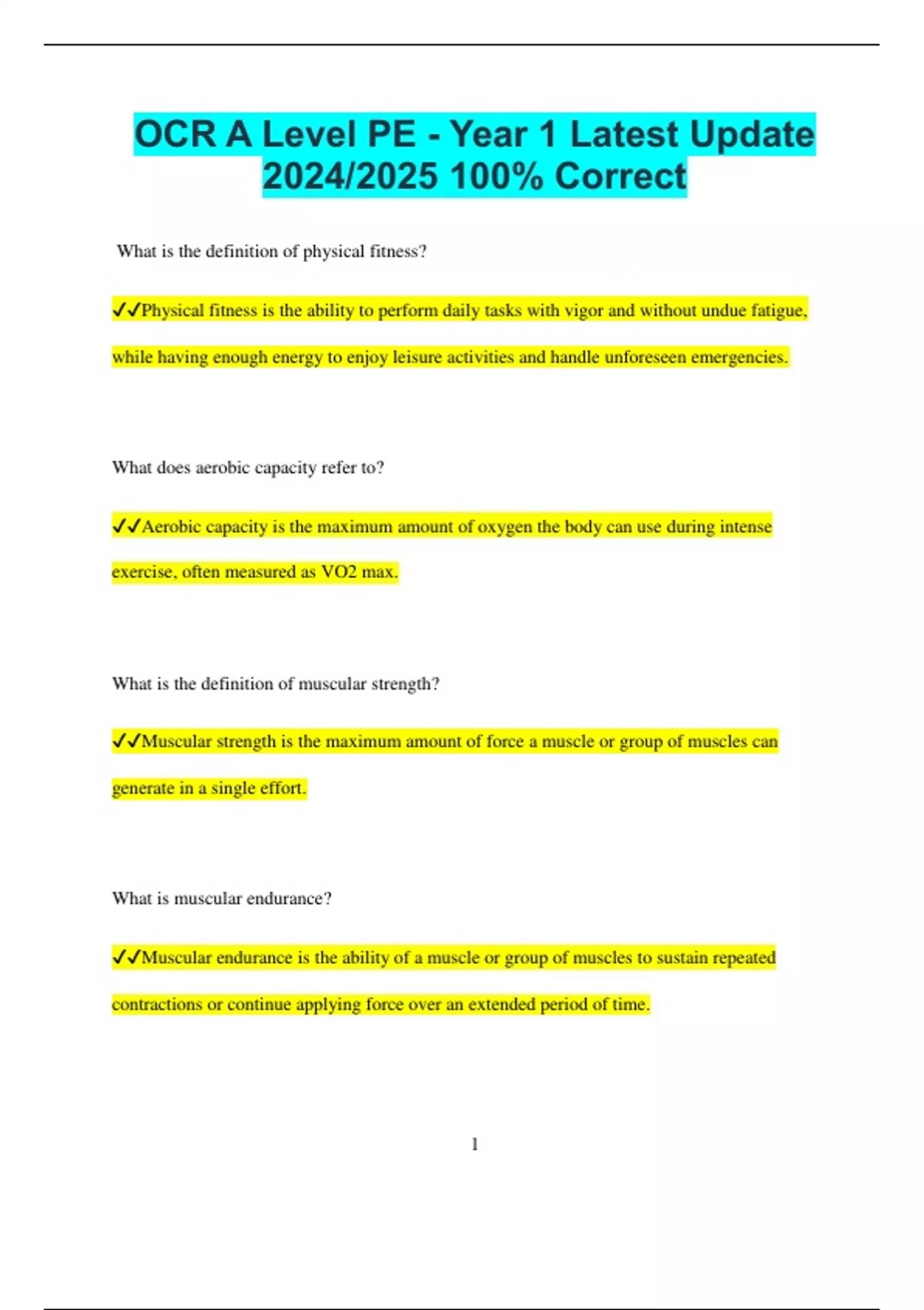 OCR A Level PE - Year 1 Latest Update 2024/2025 100% Correct - OCR A ...