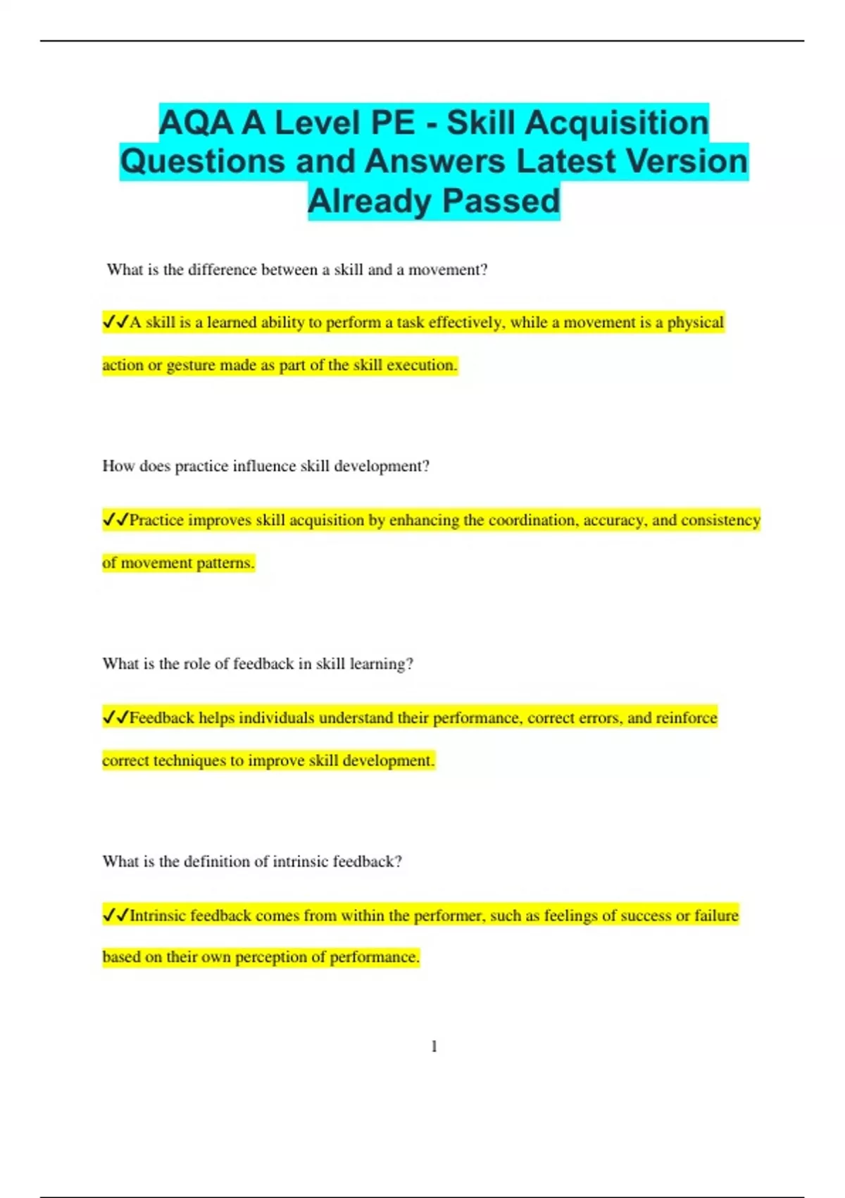 AQA A Level PE - Skill Acquisition Questions and Answers Latest Version ...