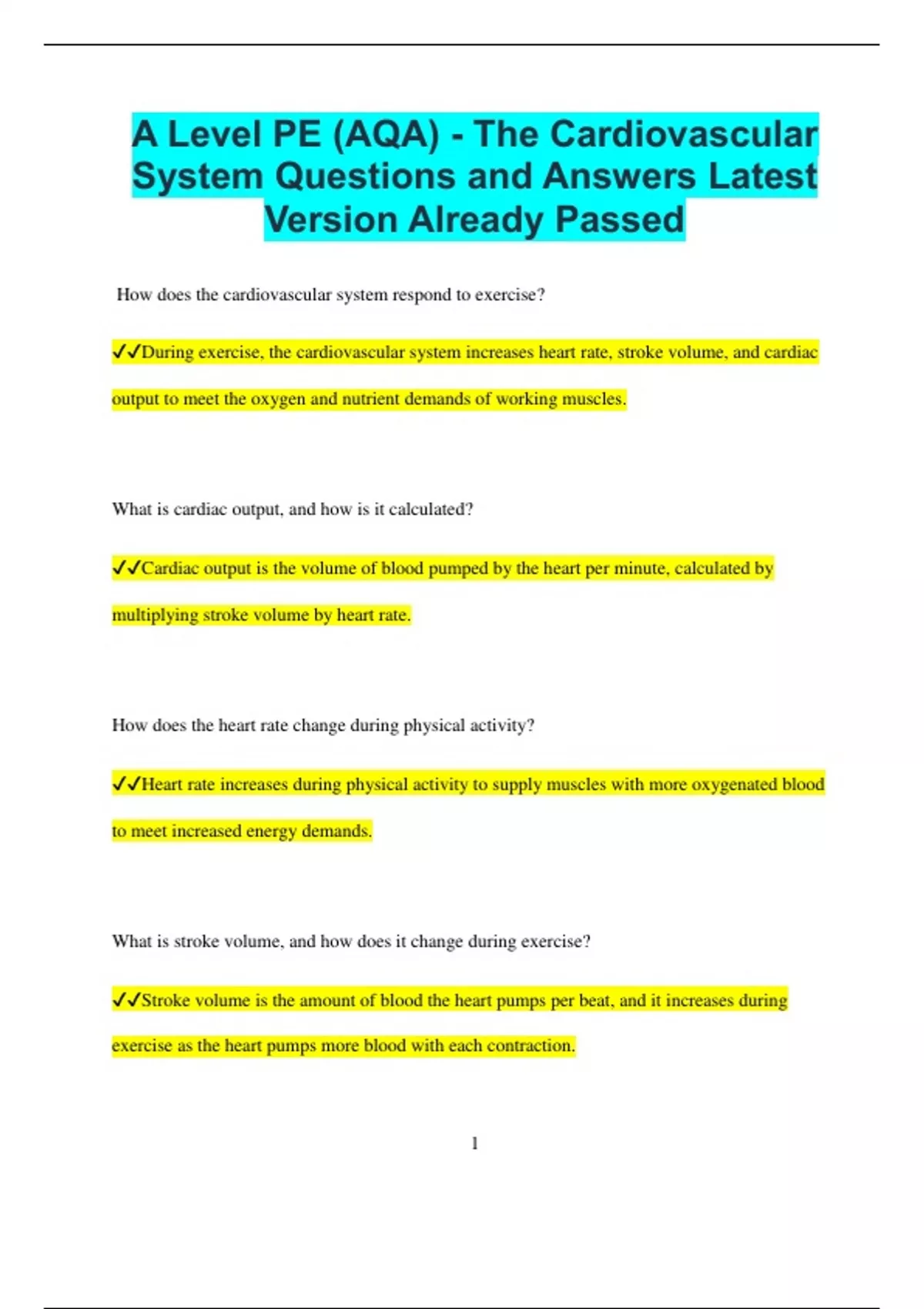 A Level PE (AQA) - The Cardiovascular System Questions and Answers ...