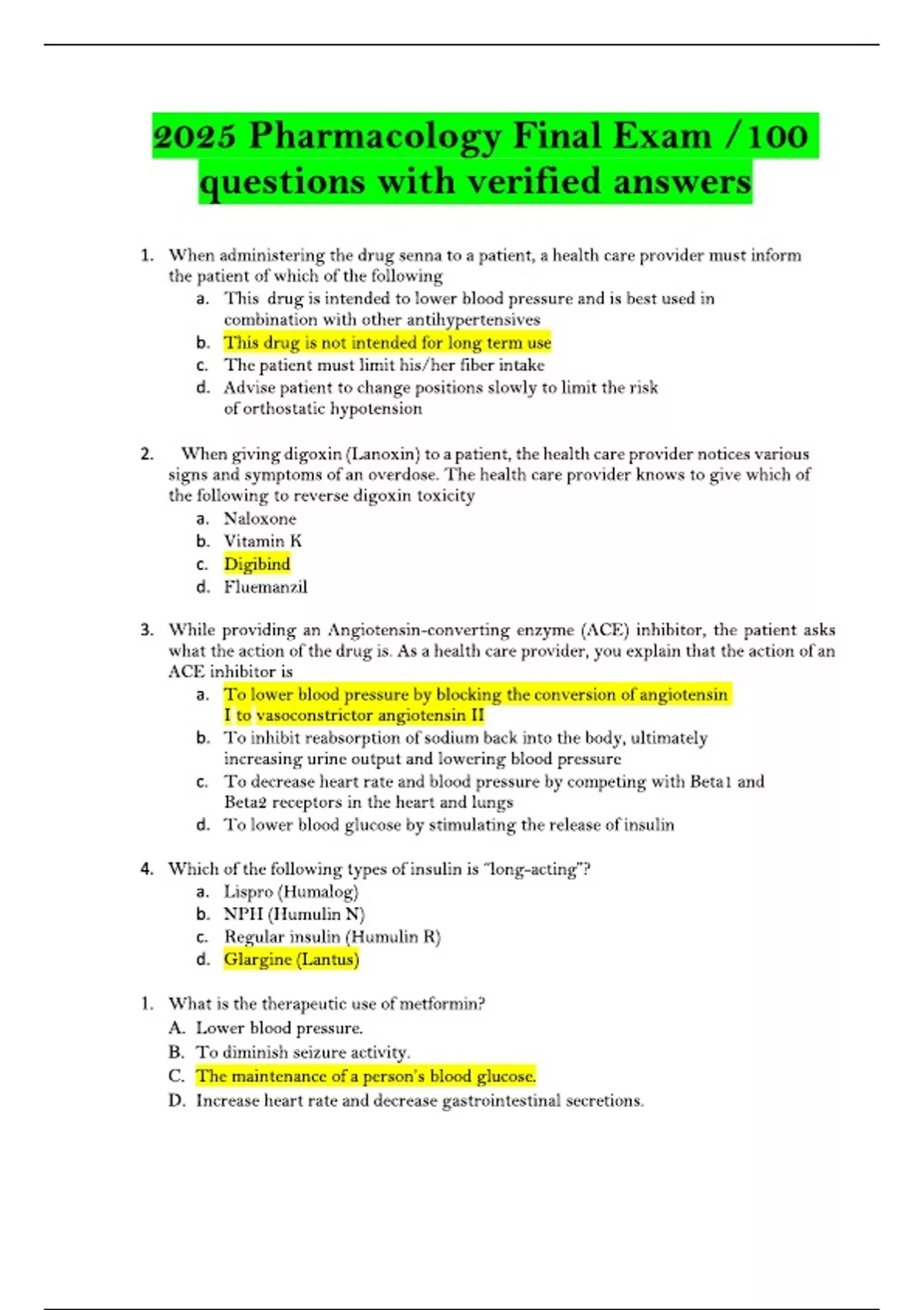Pharmacology Final Exam Questions with Answers Correctly Verified 2024 ...