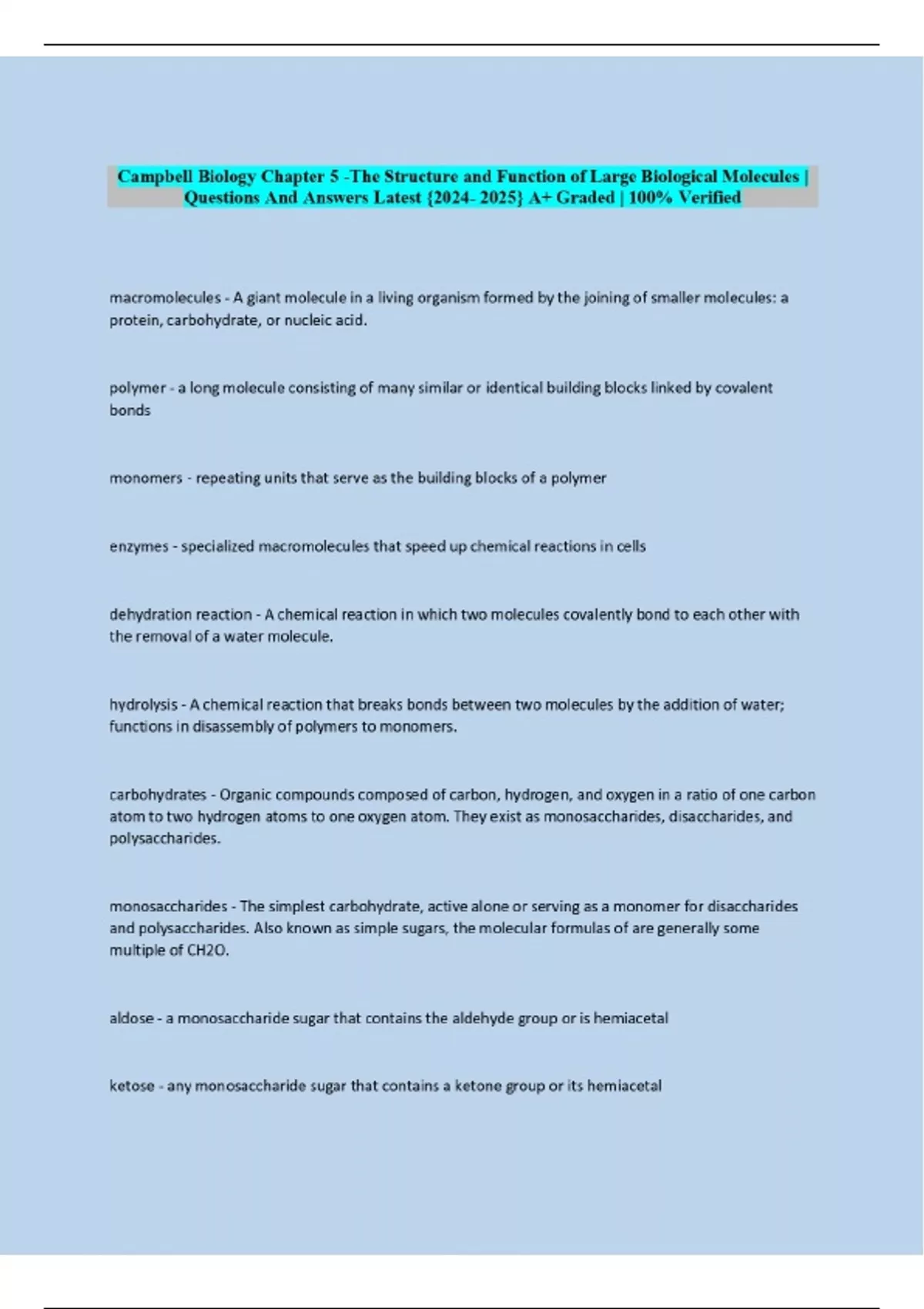 Campbell Biology Chapter 5 -The Structure and Function of Large ...