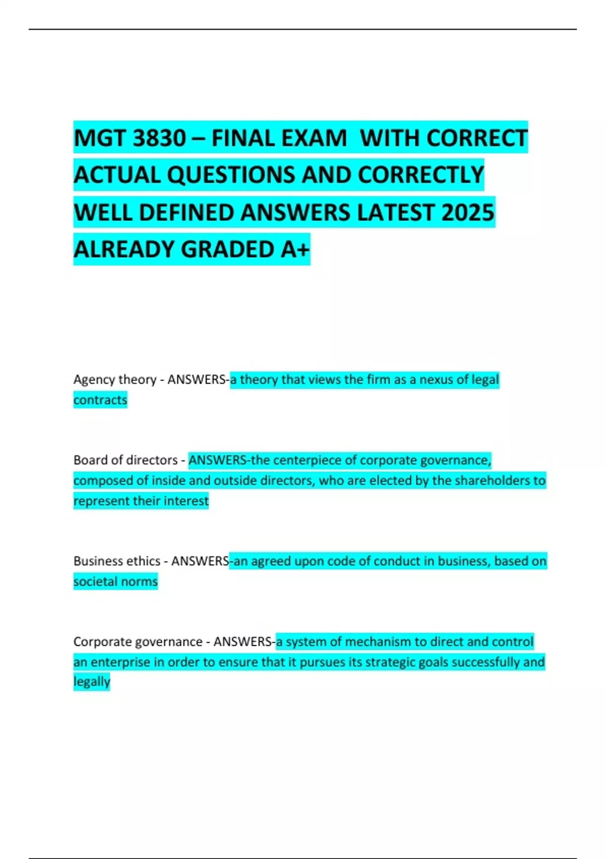MGT 3830 – FINAL EXAM WITH CORRECT ACTUAL QUESTIONS AND CORRECTLY WELL ...