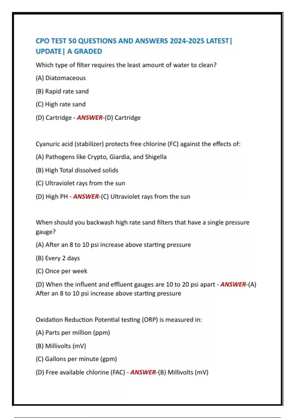 CPO TEST 50 QUESTIONS AND ANSWERS LATEST| UPDATE| A GRADED - CPO ...