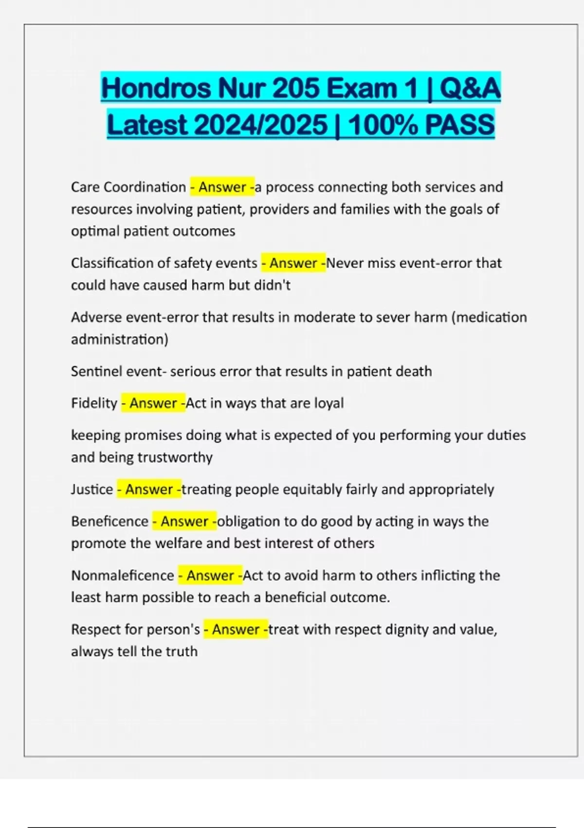 Hondros Nur 205 Exam 1 | Q&A Latest 2024/2025 | 100% PASS - Nur 205 ...