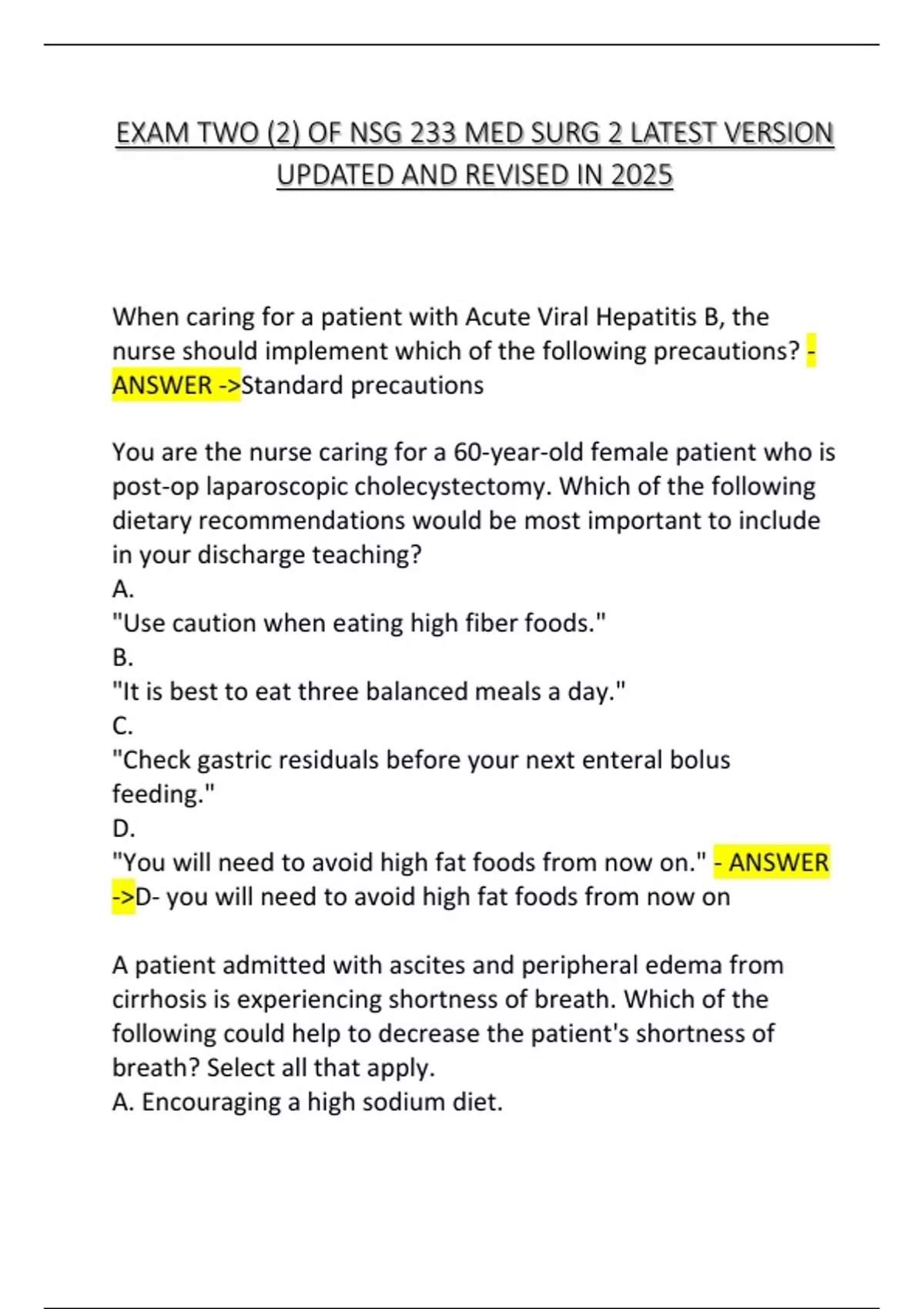 EXAM TWO (2) OF NSG 233 MED SURG 2 LATEST VERSION UPDATED AND REVISED ...