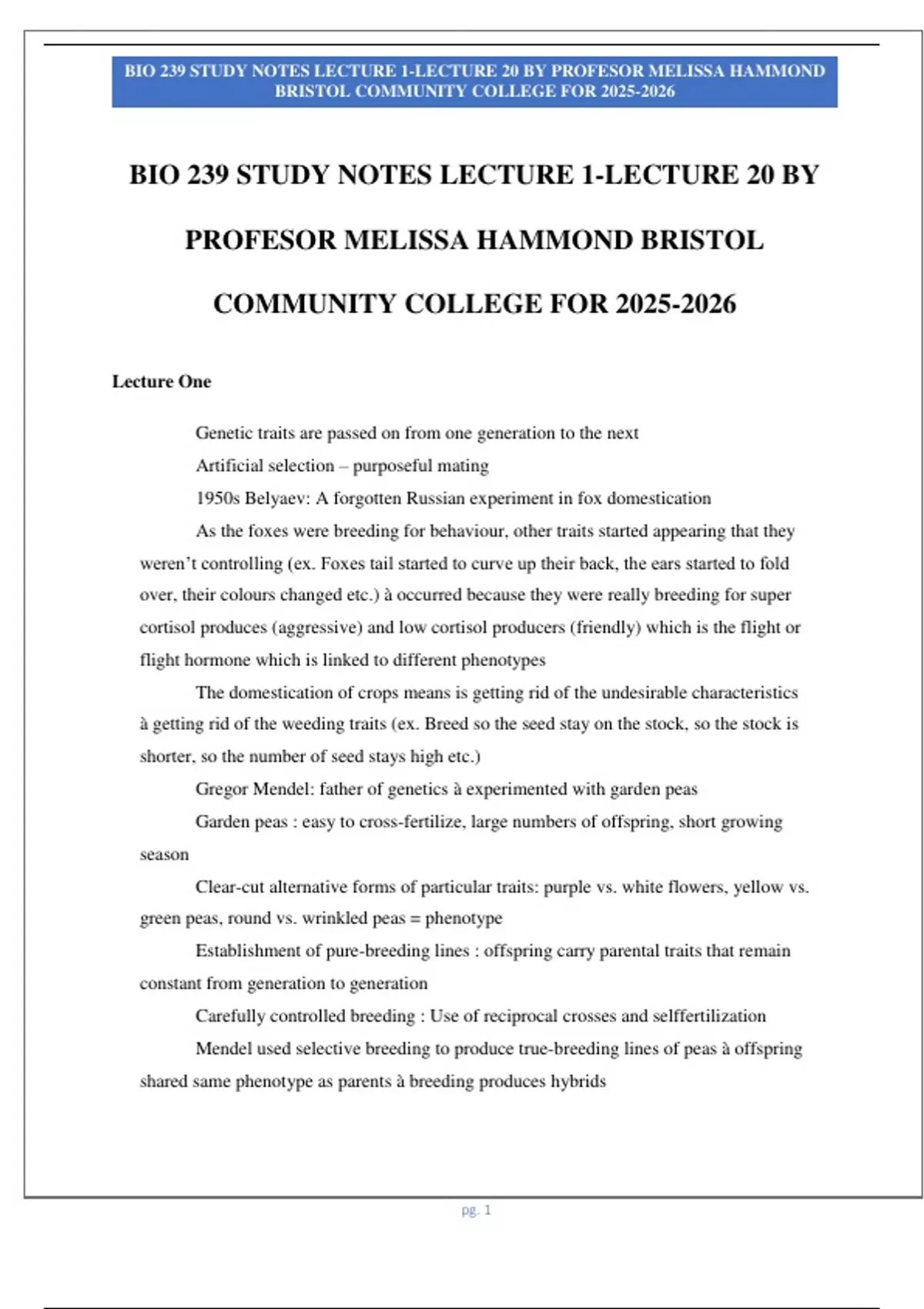 BIO 239 STUDY NOTES LECTURE 1-LECTURE 20 BY PROFESOR MELISSA HAMMOND ...