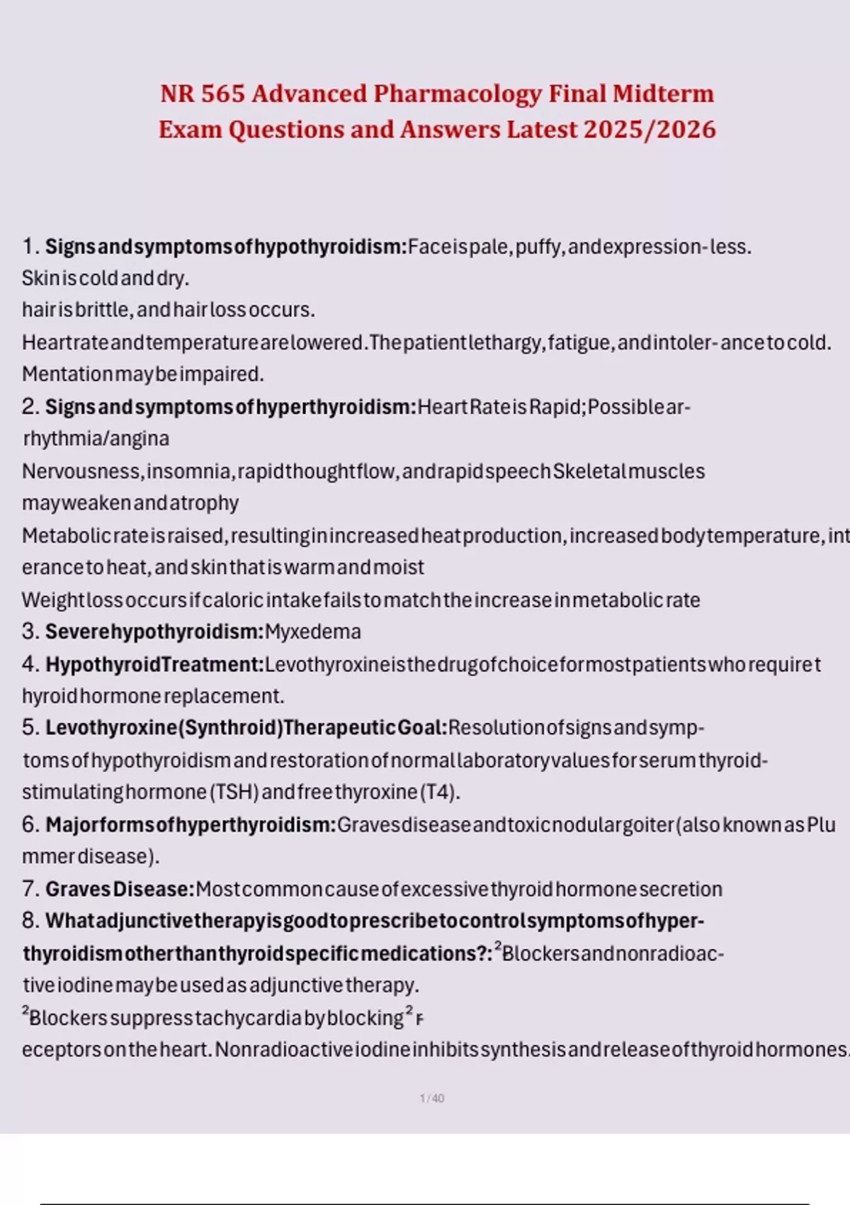NR 565 Advanced Pharmacology Final Midterm Exam Questions and Answers ...