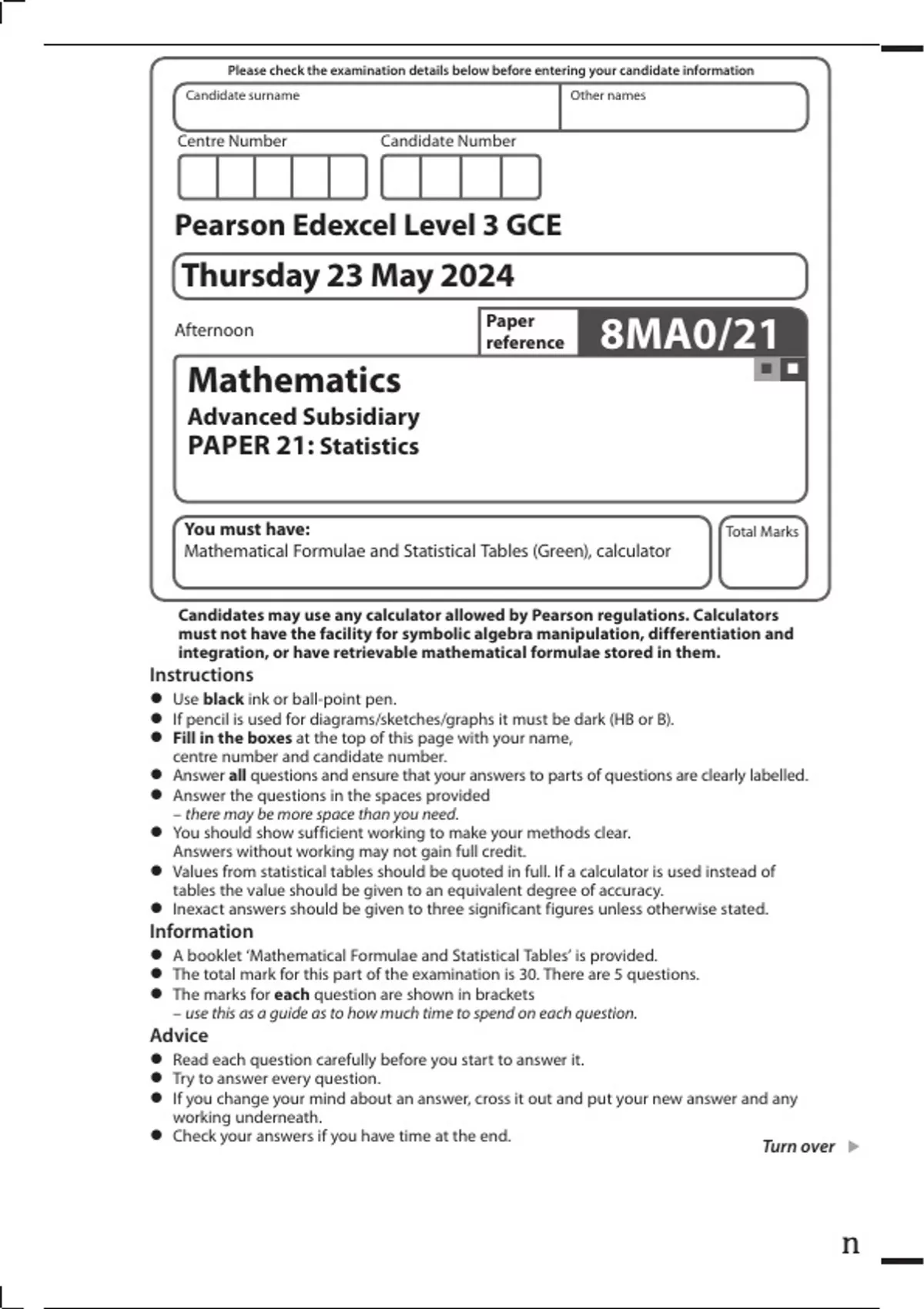 ACTUAL EDEXCEL MATHS AS LEVEL JUNE 2024 PAPER 21 QP STATISTICS - 2024 ...