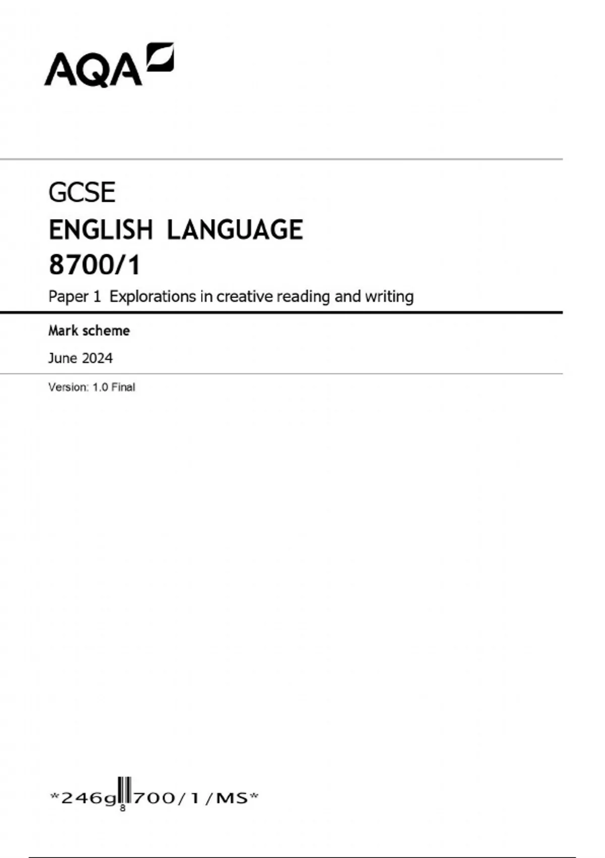 GCSE AQA JUNE 2025 ENGLISH LANGUAGE PAPER 1 MARK SCHEME . - English ...