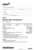 AQA GCSE DESIGN AND TECHNOLOGY Unit 1 JUNE 2024 QUESTION PAPER&colon; Written Paper