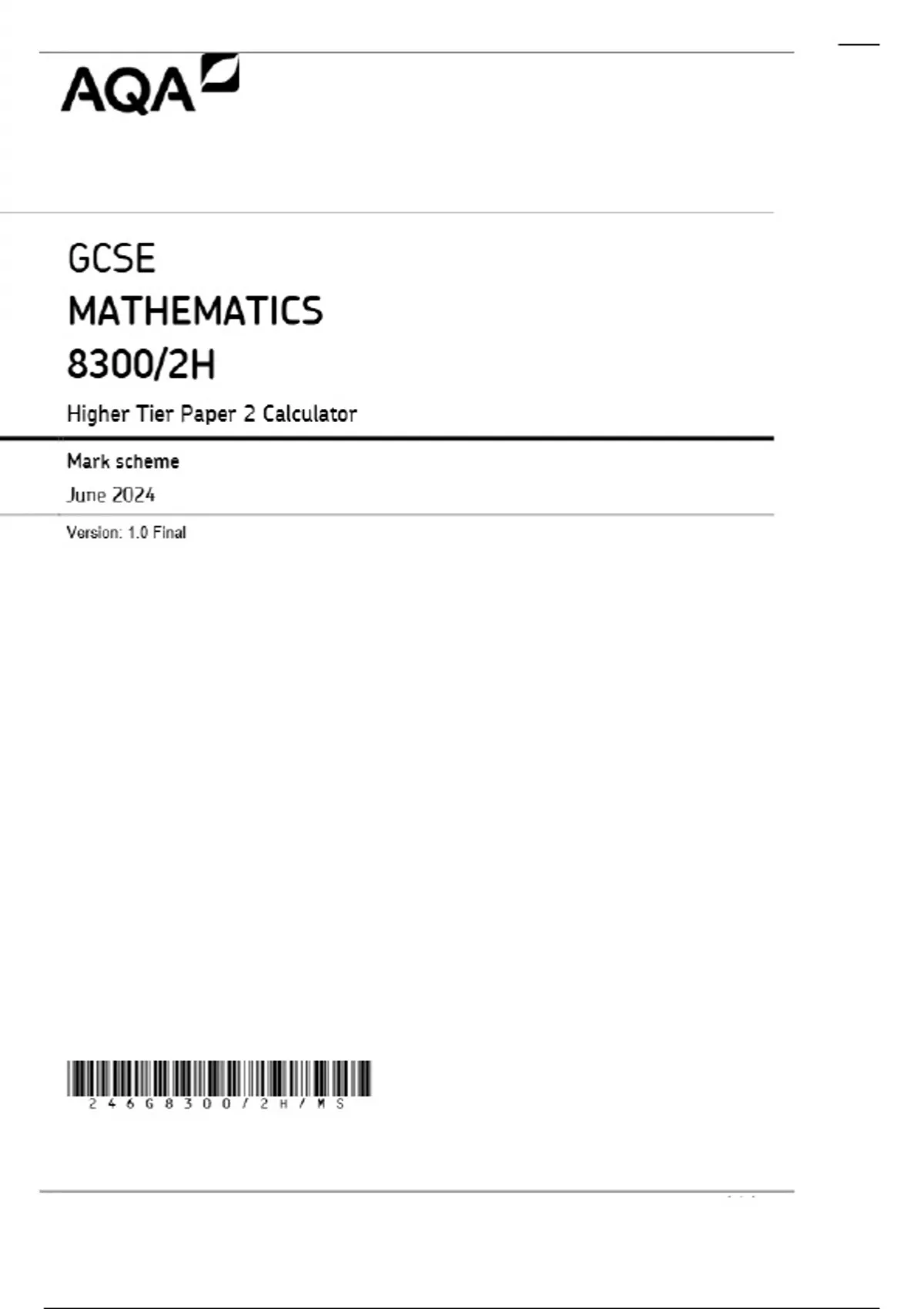 GCSE AQA June 2025 Higher Mathematics Paper 2 Calculator Mark Scheme ...