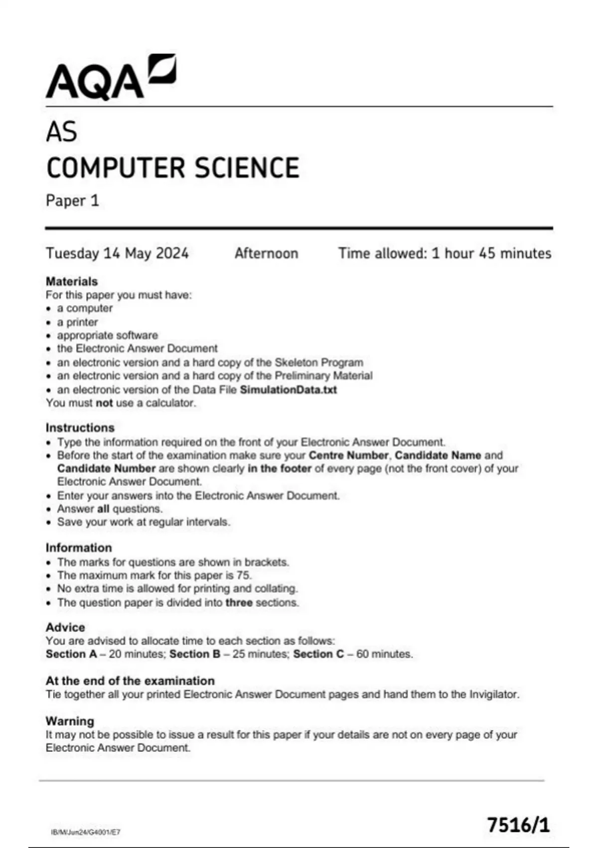 AQA AS LEVEL COMPUTER SCIENCE PAPER 1 AND 2 JUNE 2024 FINAL QUESTION ...