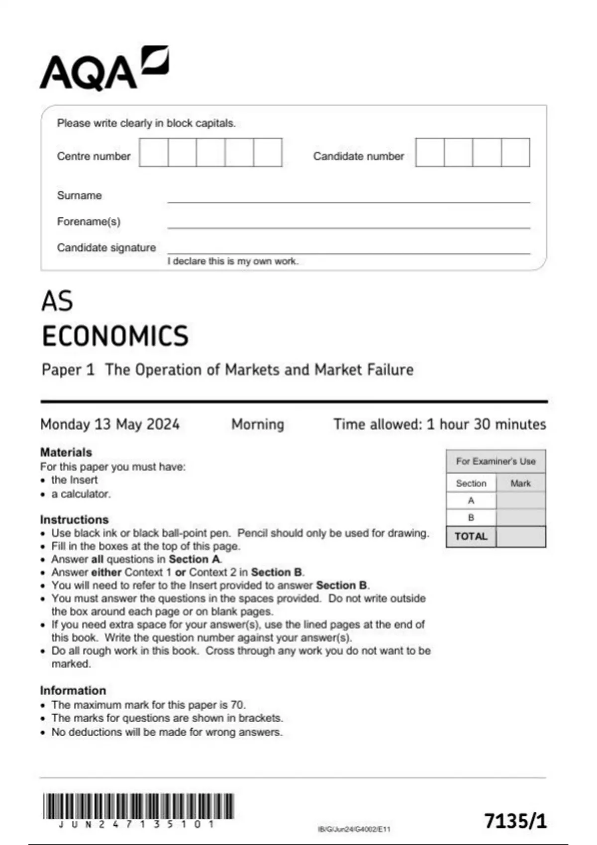 AQA AS LEVEL ECONOMICS PAPER 1 AND 2 JUNE 2024 FINAL QUESTION PAPERS ...