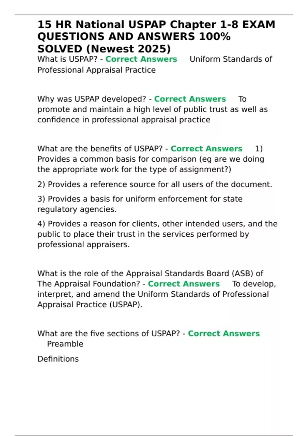 15 HR National USPAP Chapter 1-8 EXAM QUESTIONS AND ANSWERS 100- SOLVED ...