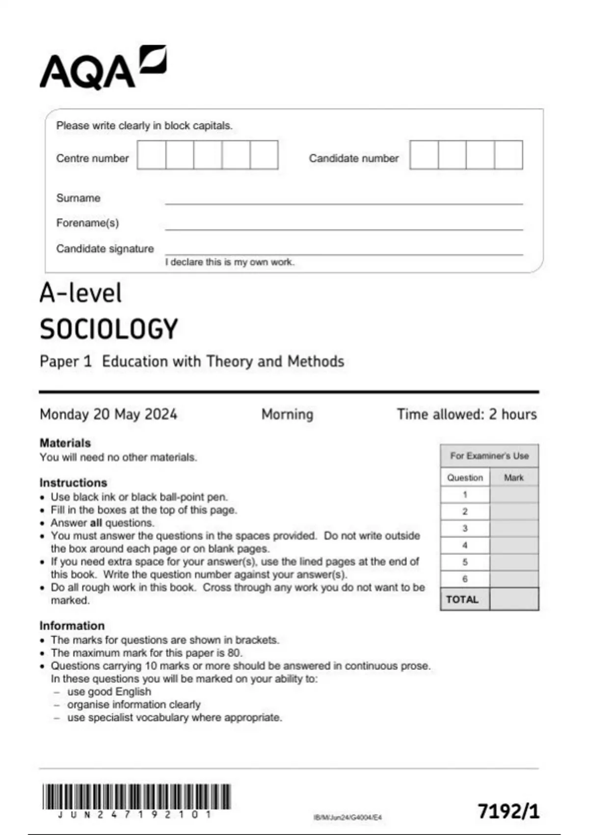 AQA A LEVEL SOCIOLOGY PAPER 1 AND 2 JUNE 2024 FINAL QUESTION PAPER AND ...