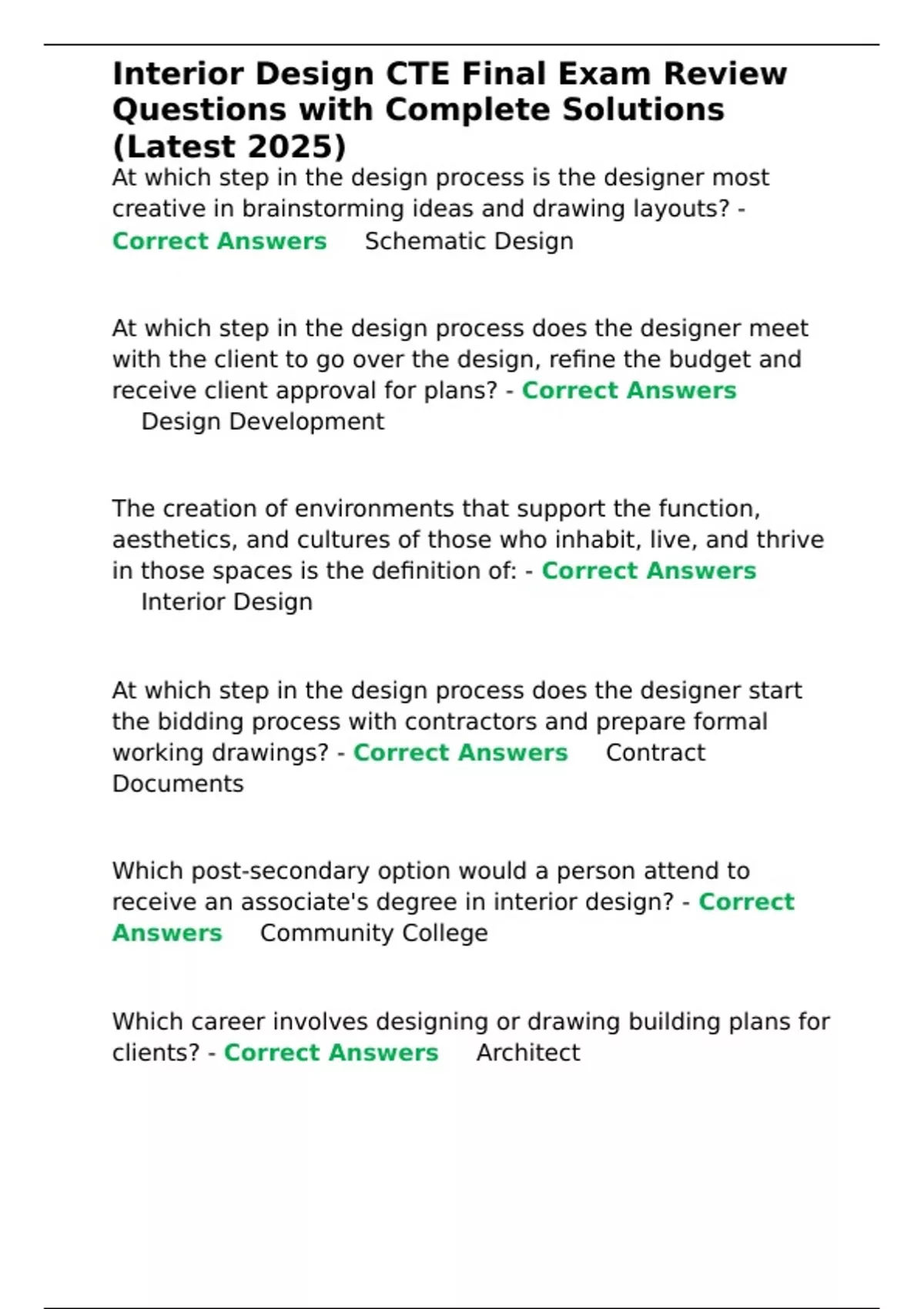 Interior Design CTE Final Exam Review Questions with Complete Solutions ...