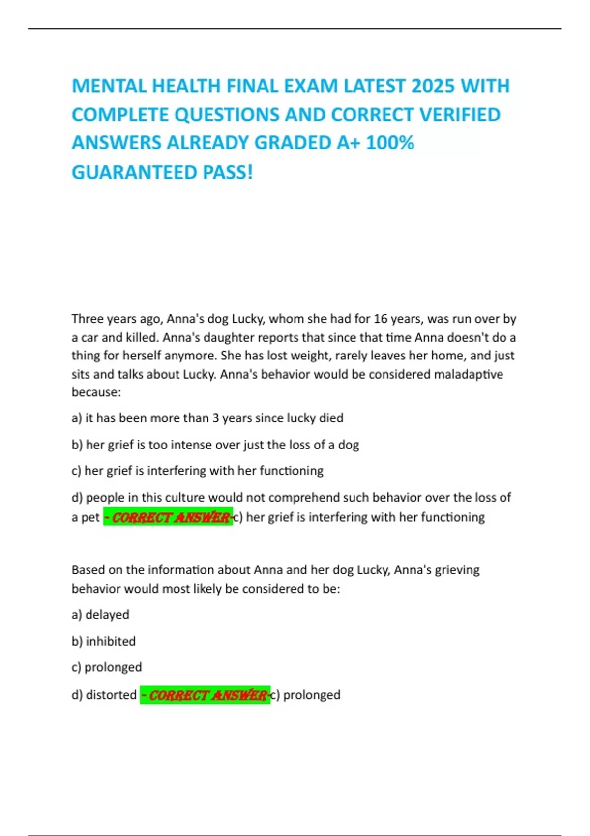 MENTAL HEALTH FINAL EXAM LATEST 2025 WITH COMPLETE QUESTIONS AND ...