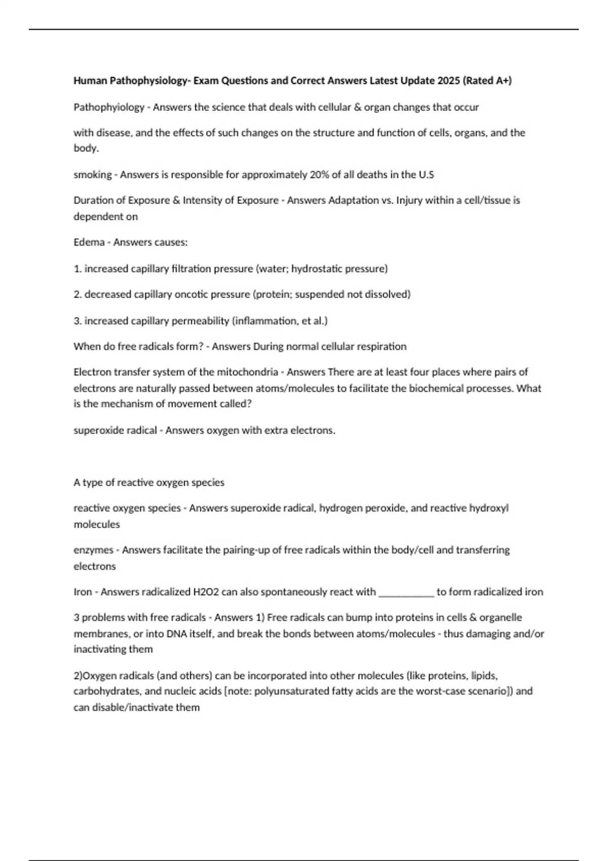 Human Pathophysiology- Exam Questions and Correct Answers Latest Update ...