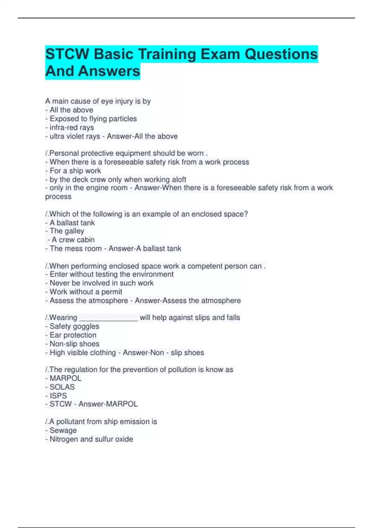 STCW Basic Training Exam Questions And Answers - STCW Basic Training ...
