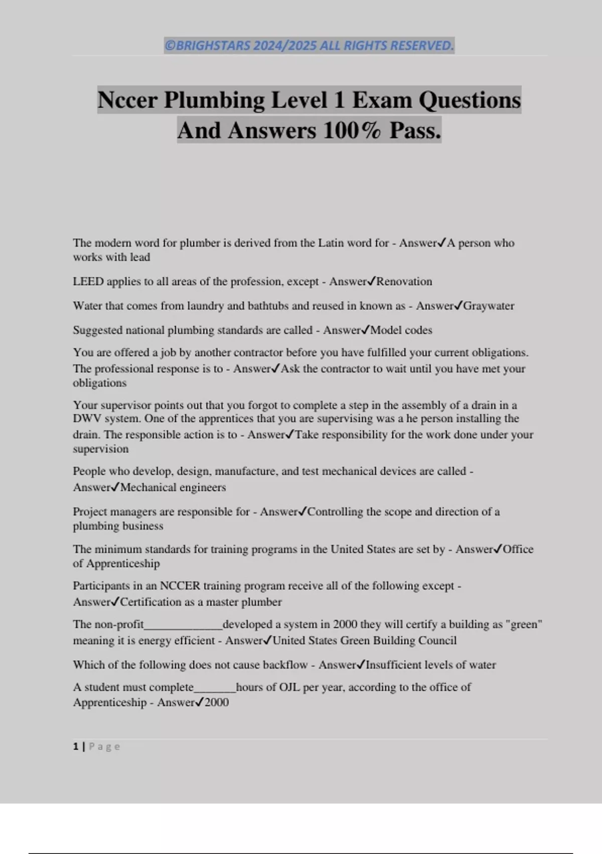 Nccer Plumbing Level 1 Exam Questions And Answers 100% Pass - Nccer