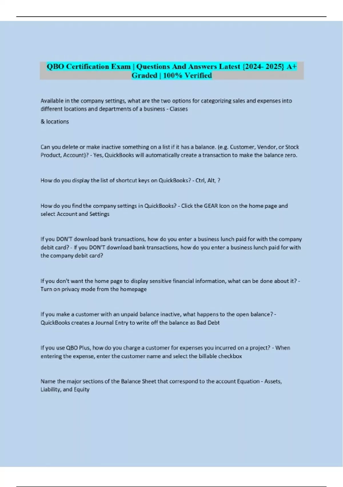 QBO Certification Exam Questions And Answers QBO Certificaiton