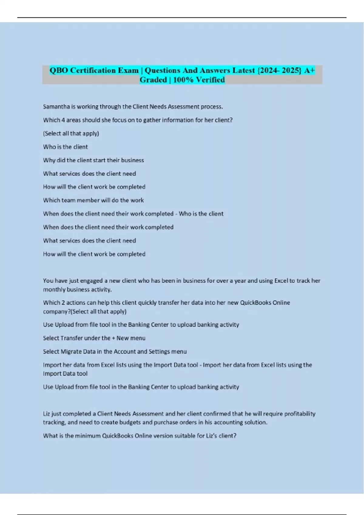 QBO Certification Exam Questions And Answers QBO Certificaiton