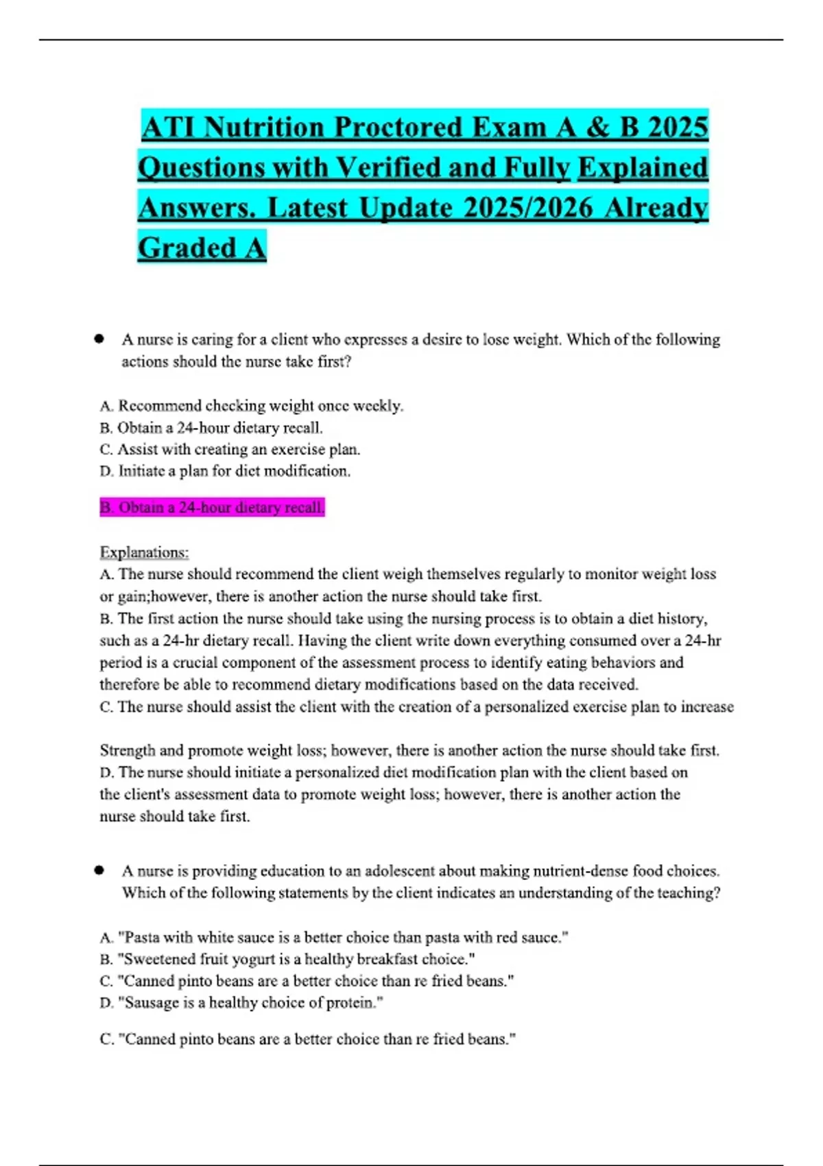 ATI Nutrition Proctored Exam A & B 2025 Questions with Verified and ...