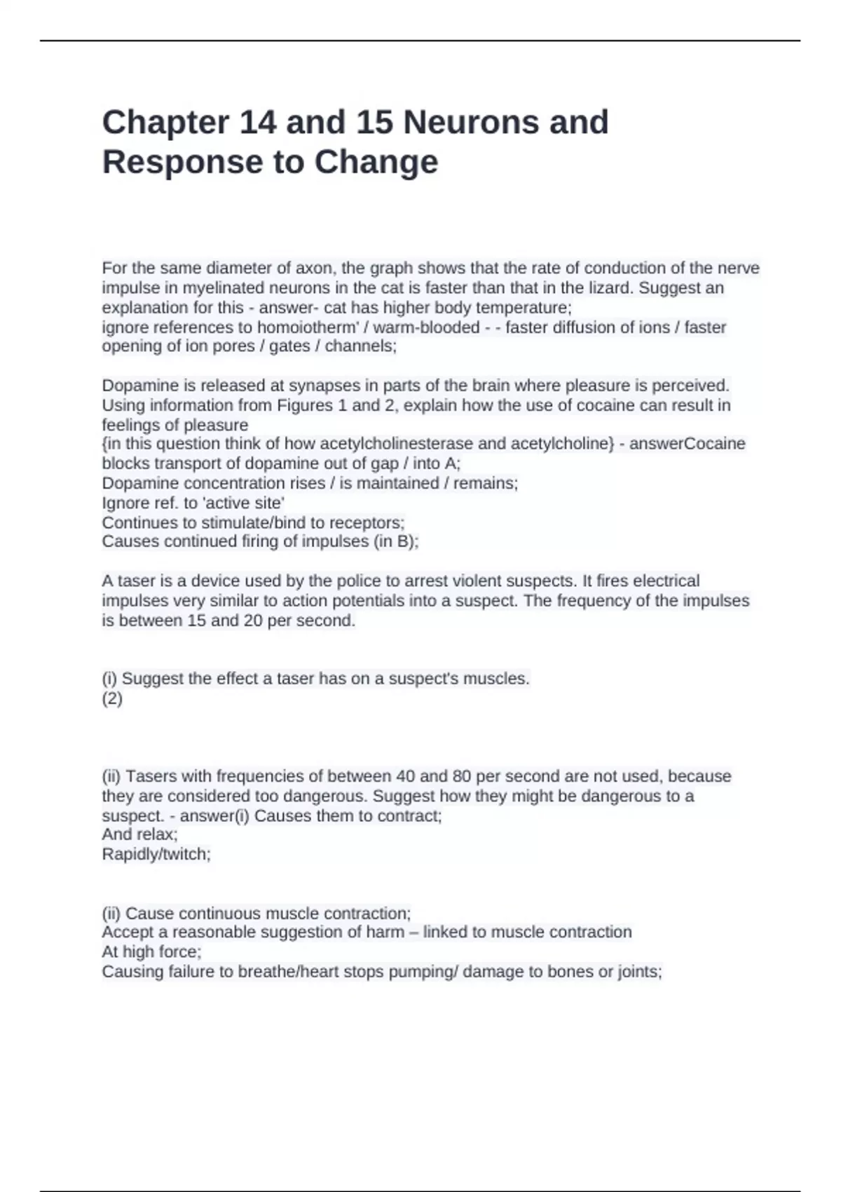 Chapter 14 and 15 Neurons and Response to Change Questions with Correct ...
