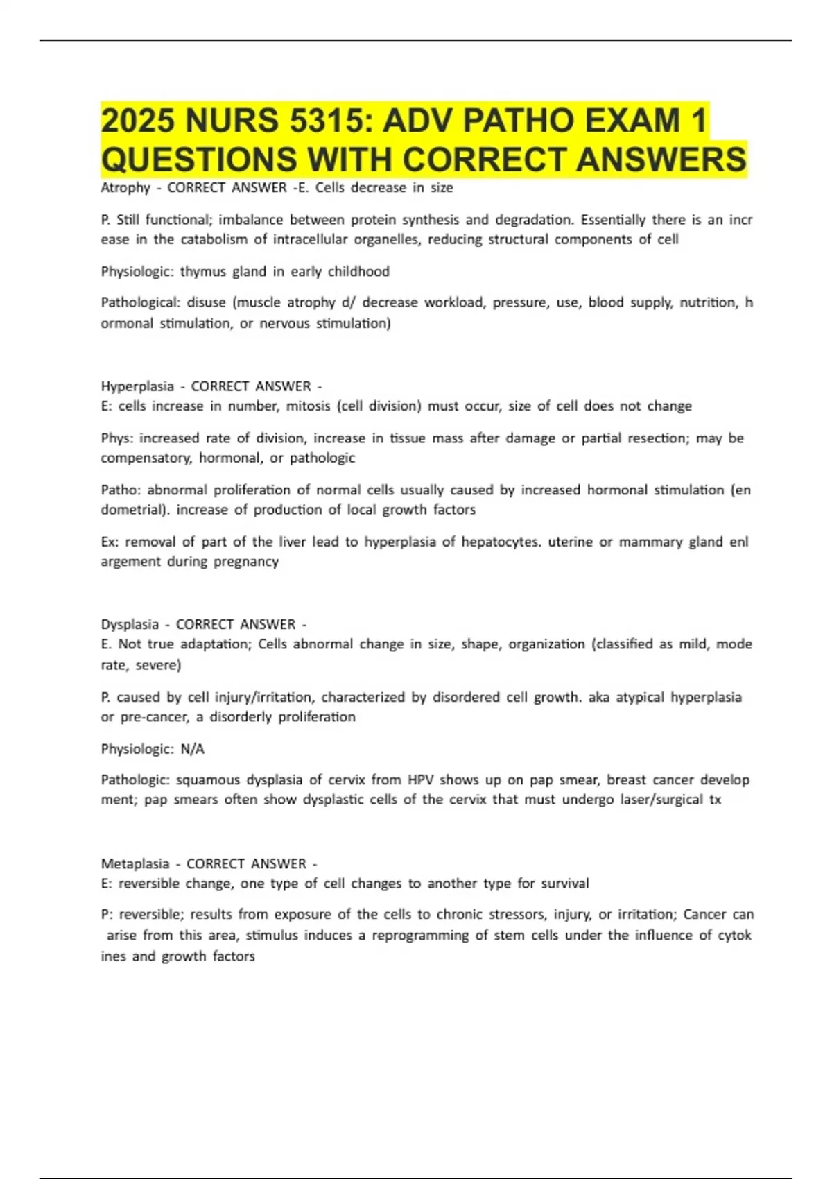 2025 NURS 5315 ADV PATHO EXAM 1 QUESTIONS WITH CORRECT ANSWERS - NURS ...